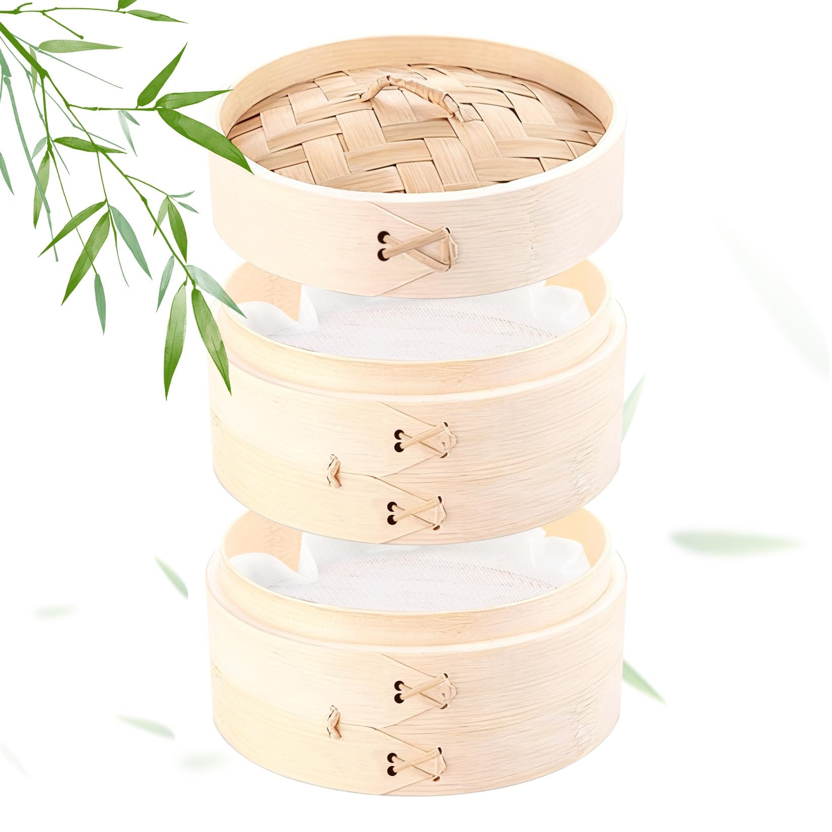 Homthy Bamboo Steamer 8.3in 2 Tier Large Capacity Set with Lid Steam Cloth
