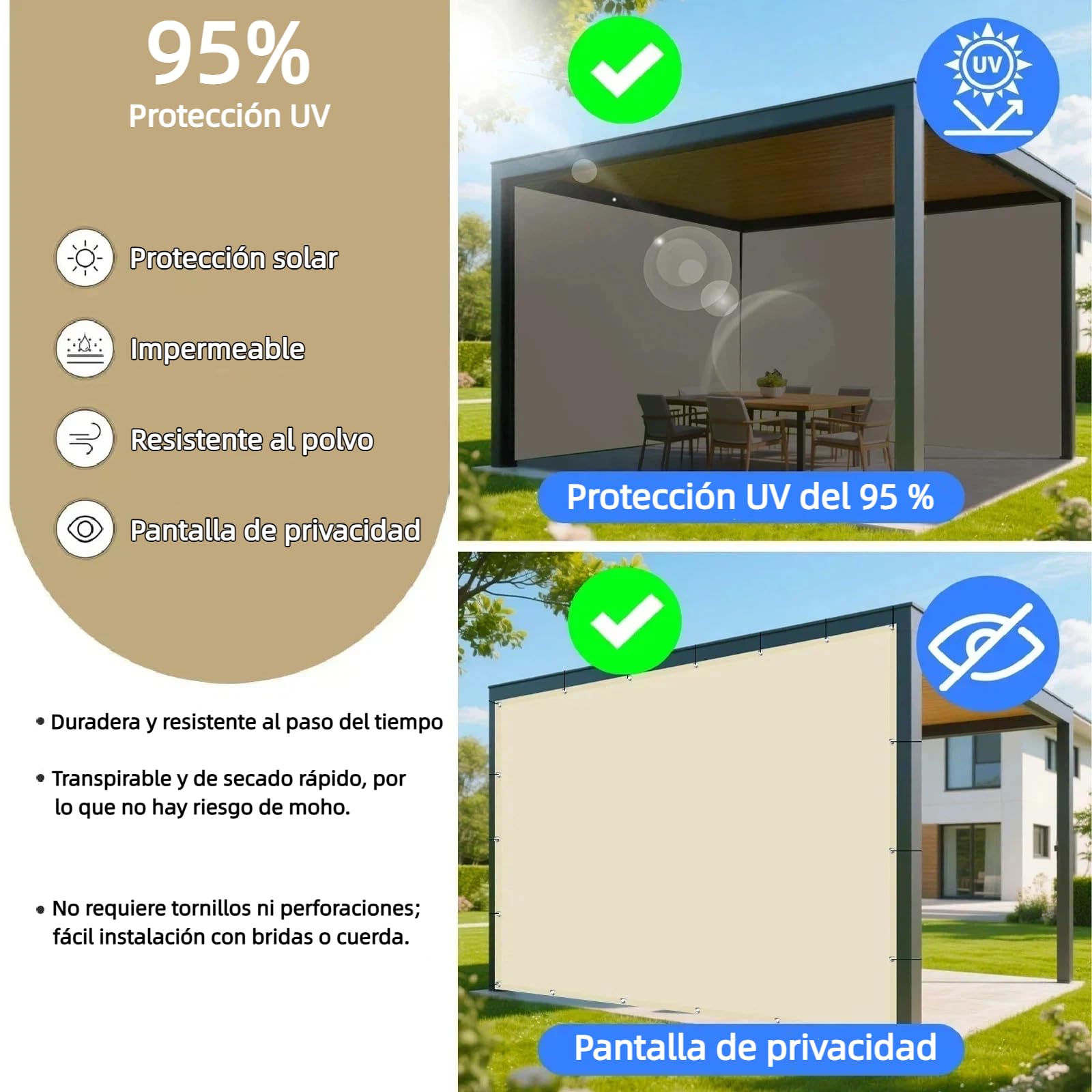 Toldo Vela de Sombra Impermeable 3.5x3.5m Rectangular Toldos Exterior Terraza Protección Rayos UV 95% Resistente al Desgarro para Terraza Balcon Patio Exteriores Jardín Césped (Beige)