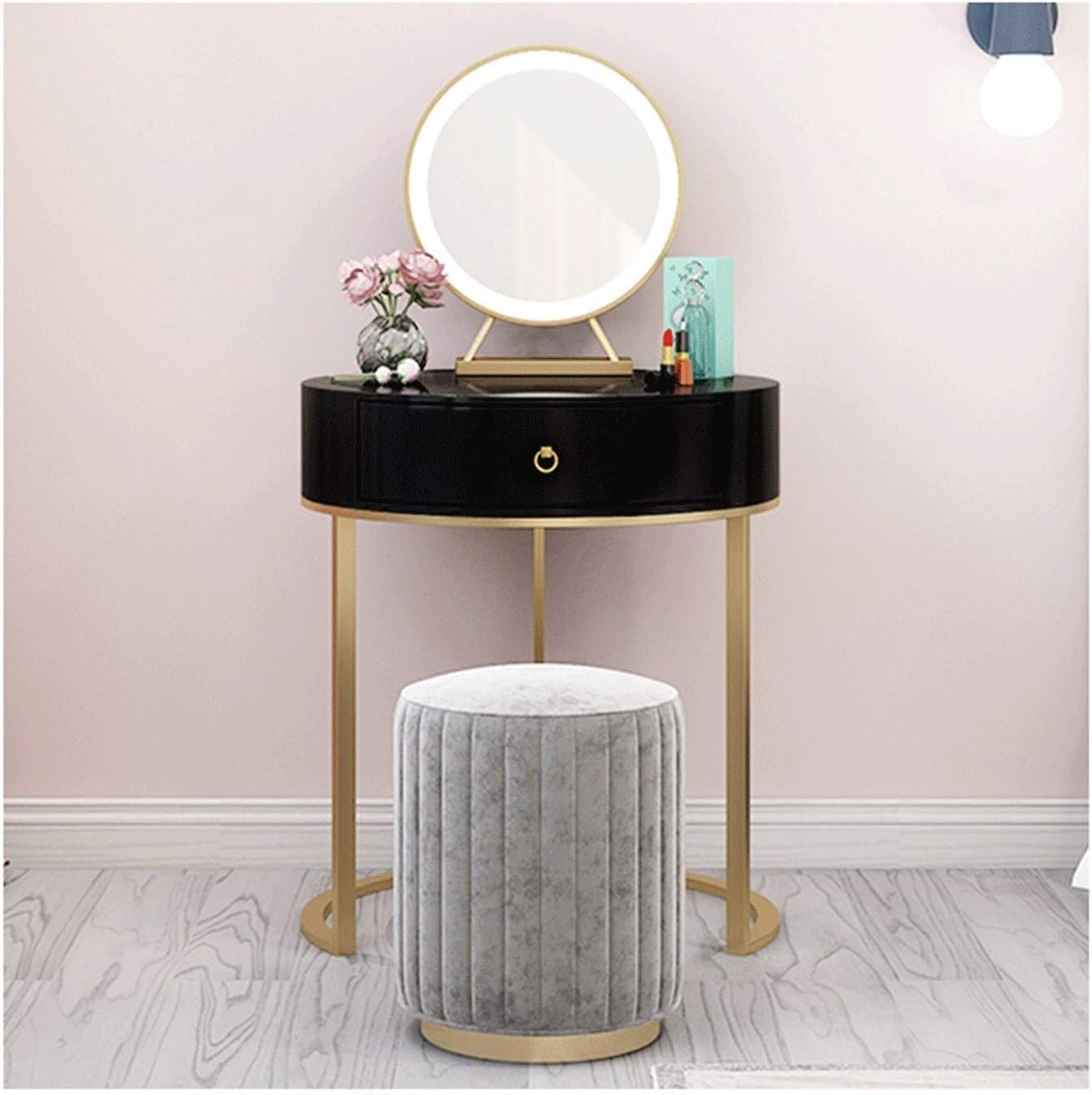 Modern Black Vanity Desk for Girl Round Princess Dressing Table with Stool Makeup Desk for Bedroom 50Cm Size Elegant Vanity Table,White-60cm