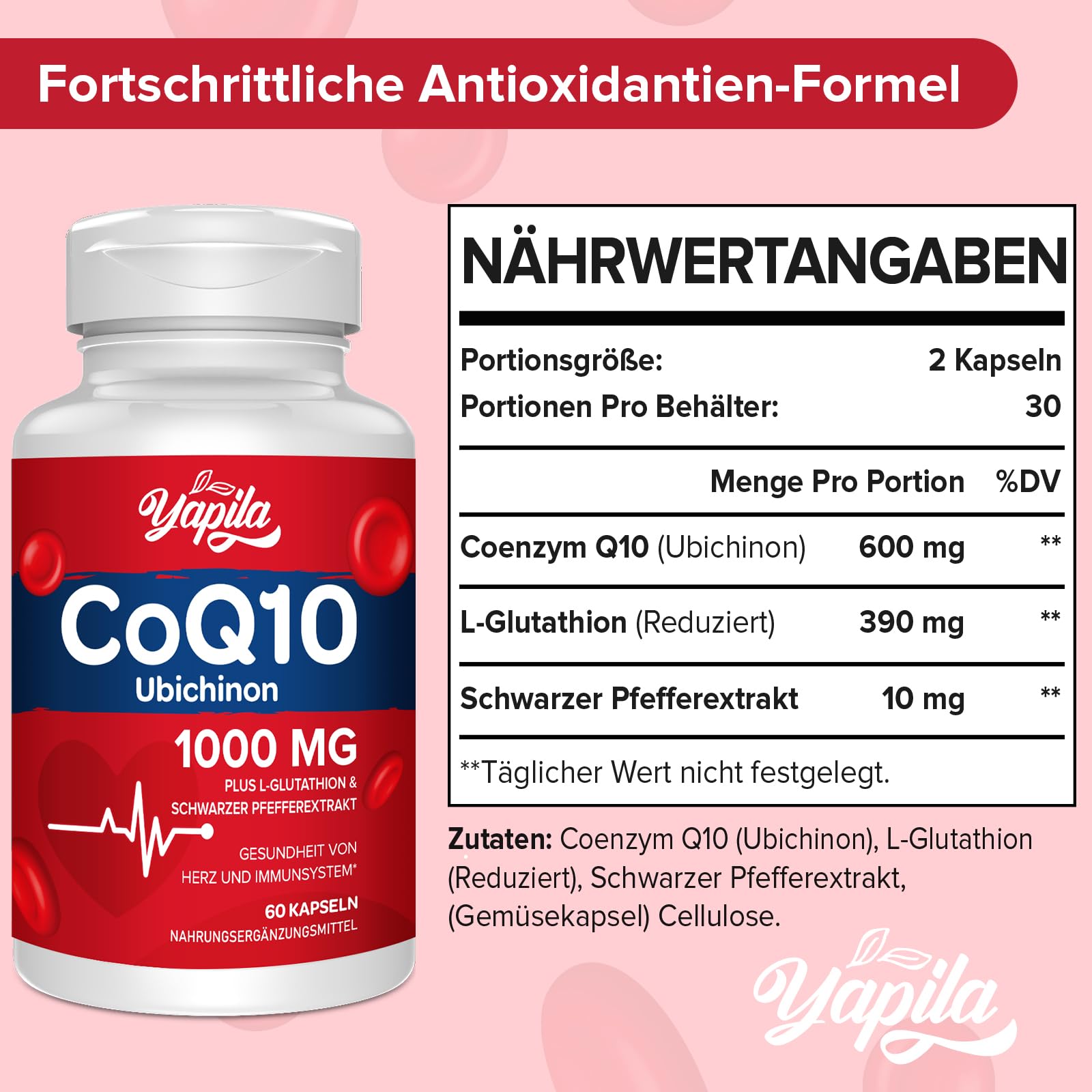 Yapila CoQ10 with L-Glutathione 1000 mg Capsules - 100% Fermented Q10  Coenzyme, Coenzyme Q10 High Dose, Antioxidant Coenzyme Q10, Soy Free,  Gluten Free, Vegan : Amazon.de: Health & Personal Care