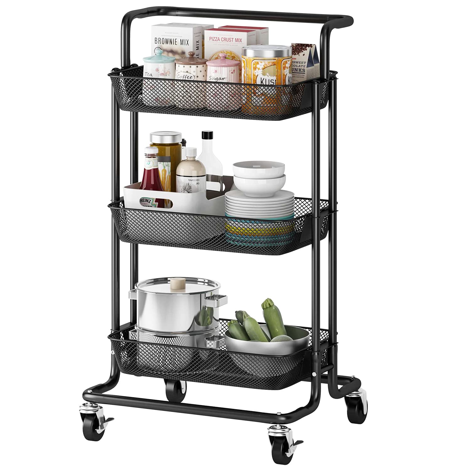 Buy PUSDON 3Tier Rolling Utility Cart, Metal Mesh Trolley Service Cart with Locking Wheels and