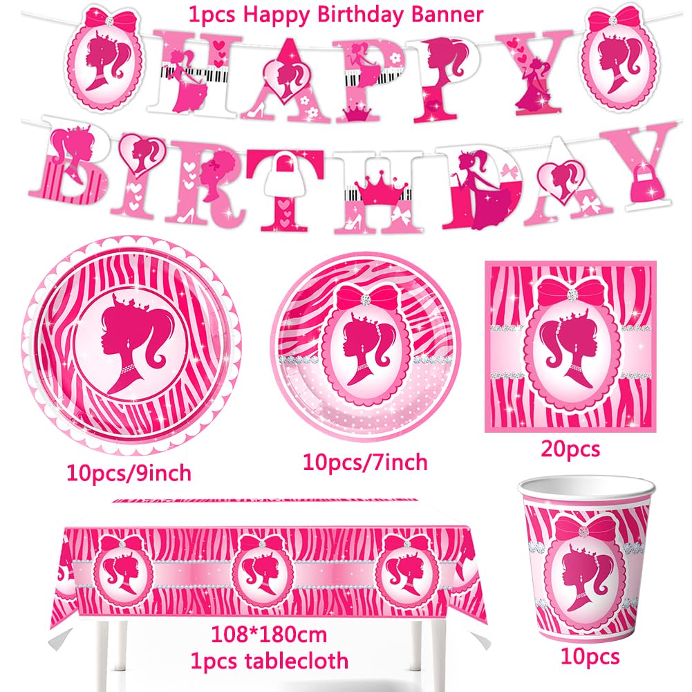 52Pcs Stoviglie per Compleanno Barbiprincipessa, Principessa Party Compleanno, Piatti Tazze Tovaglioli Banner Tovaglie, Kit di Stoviglie per la Festa di Compleanno, 10 Ospiti