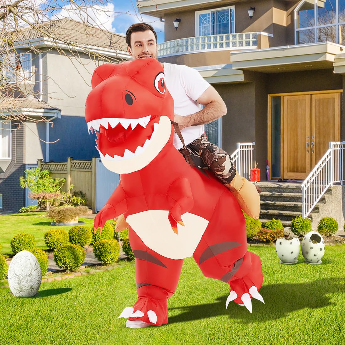 COMIN Inflatable Dinosaur Costume for Adults Ride on Dino Costume Blow Up Trex Costume Red for Halloween Party