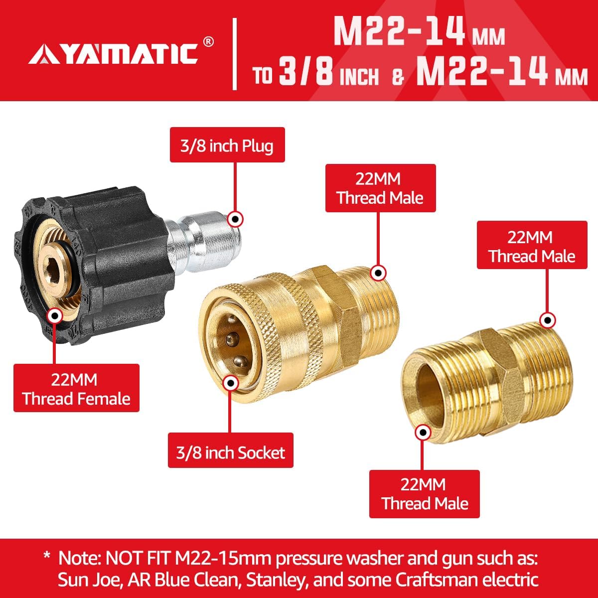 YAMATIC Pressure Washer Adapter Set Quick Connect Kit, M22 to 3/8" Quick Connectors, 5000 PSI Pressure Couplers Fittings for a Pressure Washer, Hose, and Gun - 5 PCS