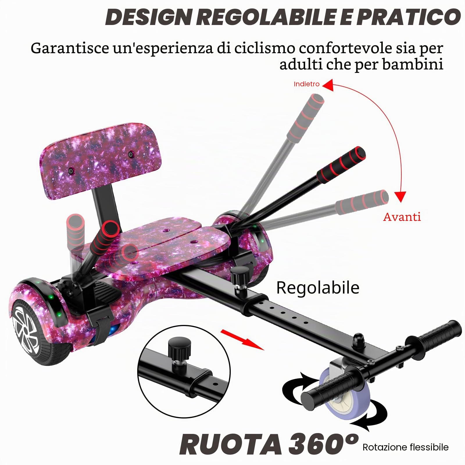 SISIGAD Hoverboard con Hoverkart,Overboard con Hoverkart per bambini, Hoverboard con musica bluetooth e luci a LED
