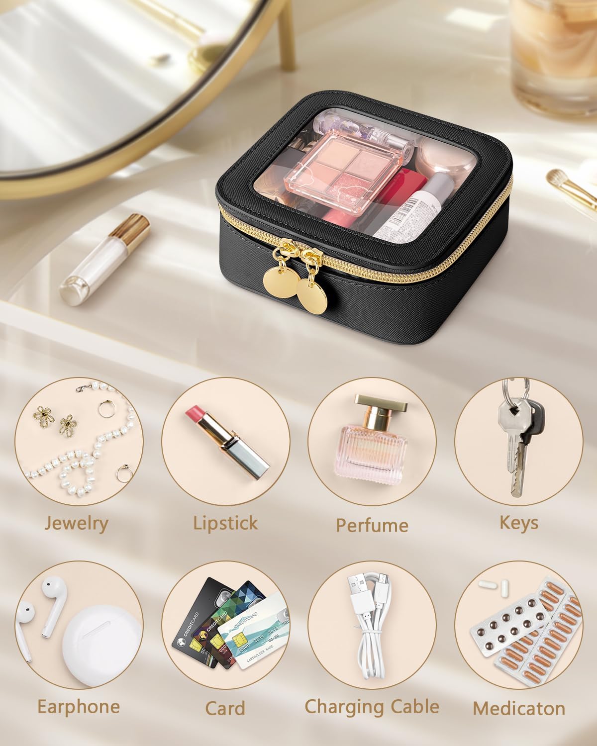 Clear Makeup Bag, Portable Travel Cosmetic Bags, Multipurpose Leather Toiletry Bag with Zipper, Waterproof Transparent Cosmetic Organizer for Women, Mini, Black - Image 6