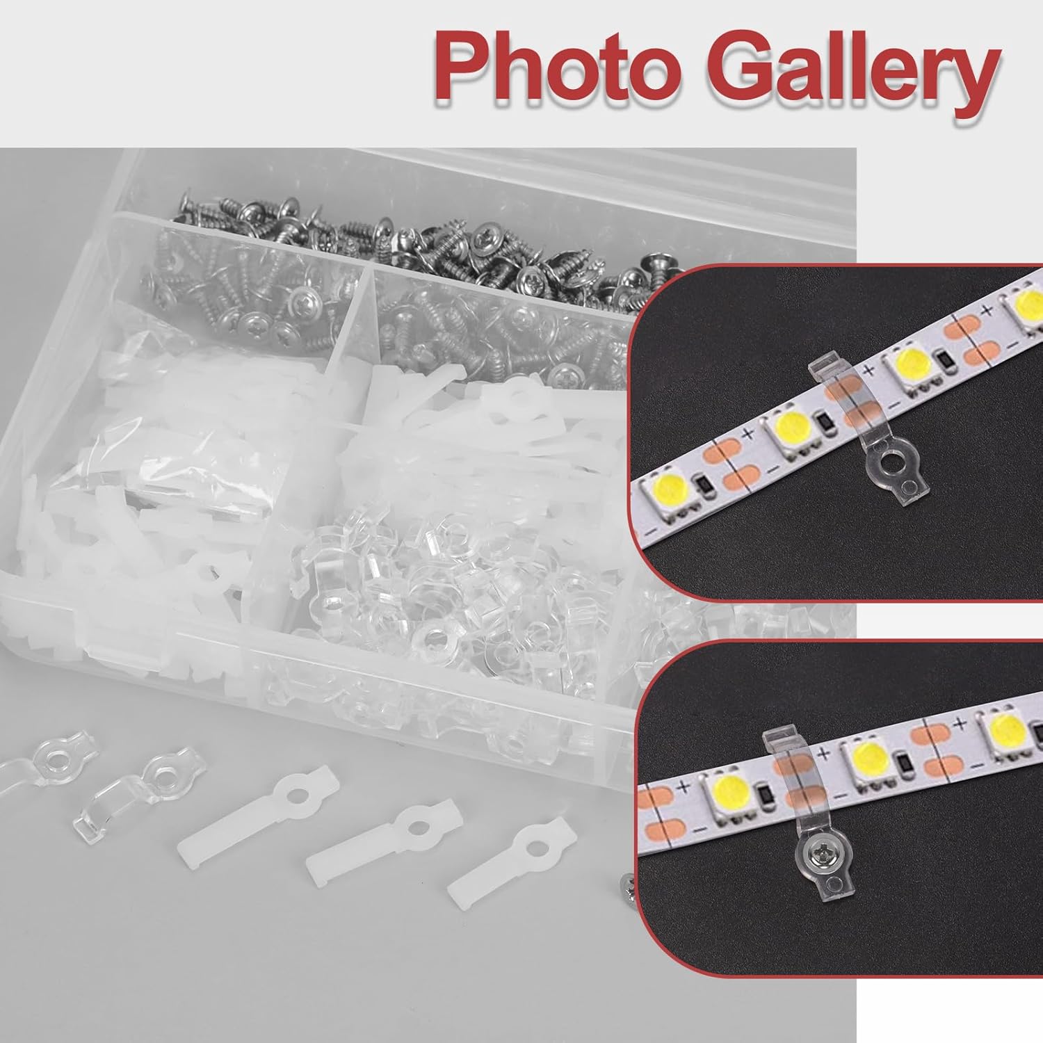 Hilitchi 400Pcs Strip Light Mounting Bracket Strip Light Holder Clip One-Side Fixing Clip with 200 Screws 8MM 10MM 12MM LED Strip Mounting Bracket for Waterproof Strip Lights (White Transparent Color)