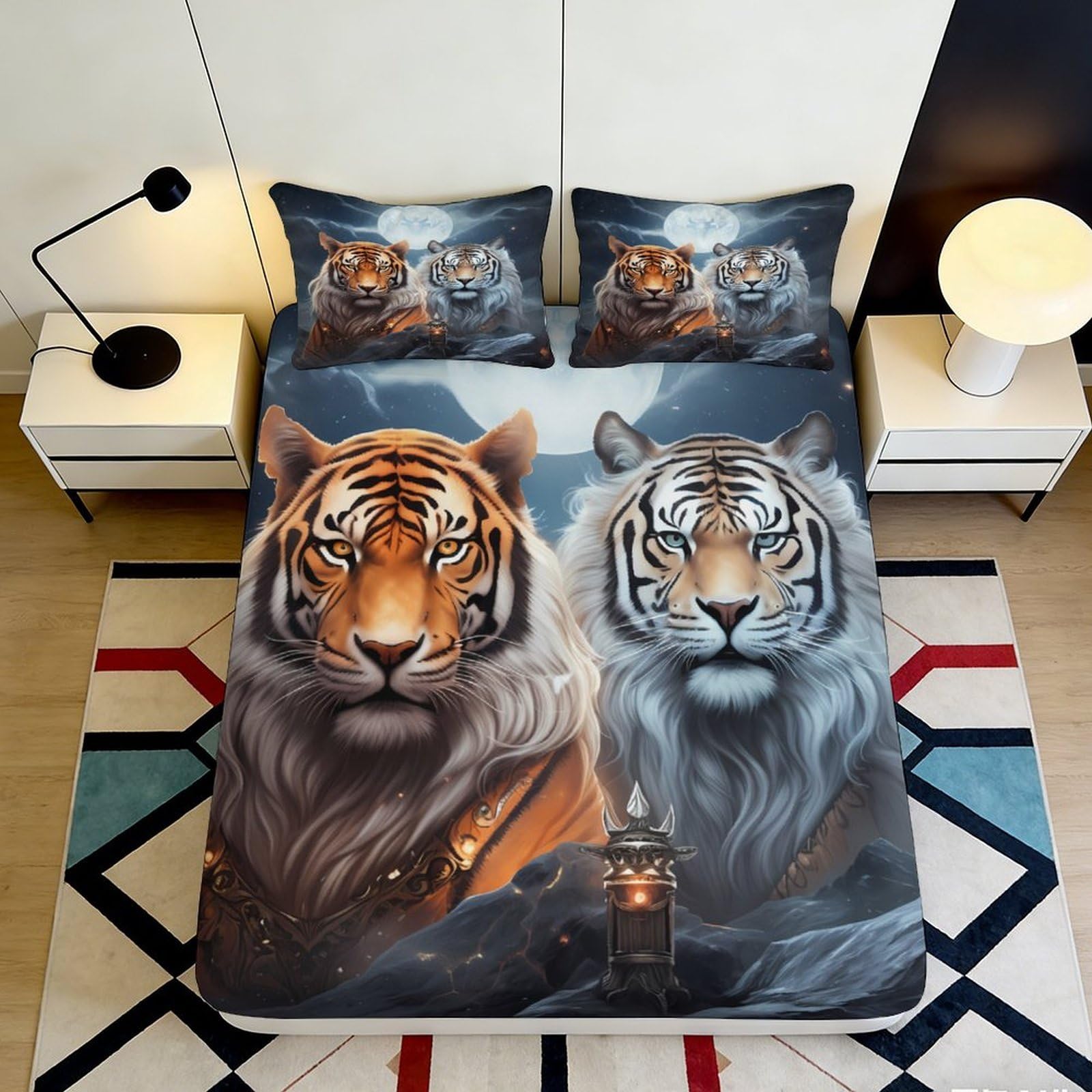 3D Printed Polar Bear Aurora Fitted Sheet Microfiber Deep Pocket Bedroom Bedding Arctic Mattress Fitted Cover Non-Slip Washable 140x200x25cm