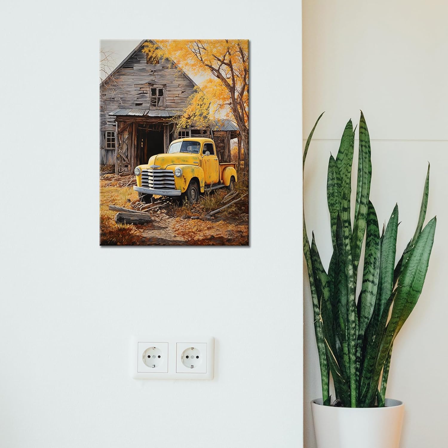 GLOKAKA Rustic Old Truck Wall Art Farmhouse Barn Wall Decor Yellow Truck in Front of a Shabby Wooden House Autumn Wall Art for Country Living Room Bedroom Decor