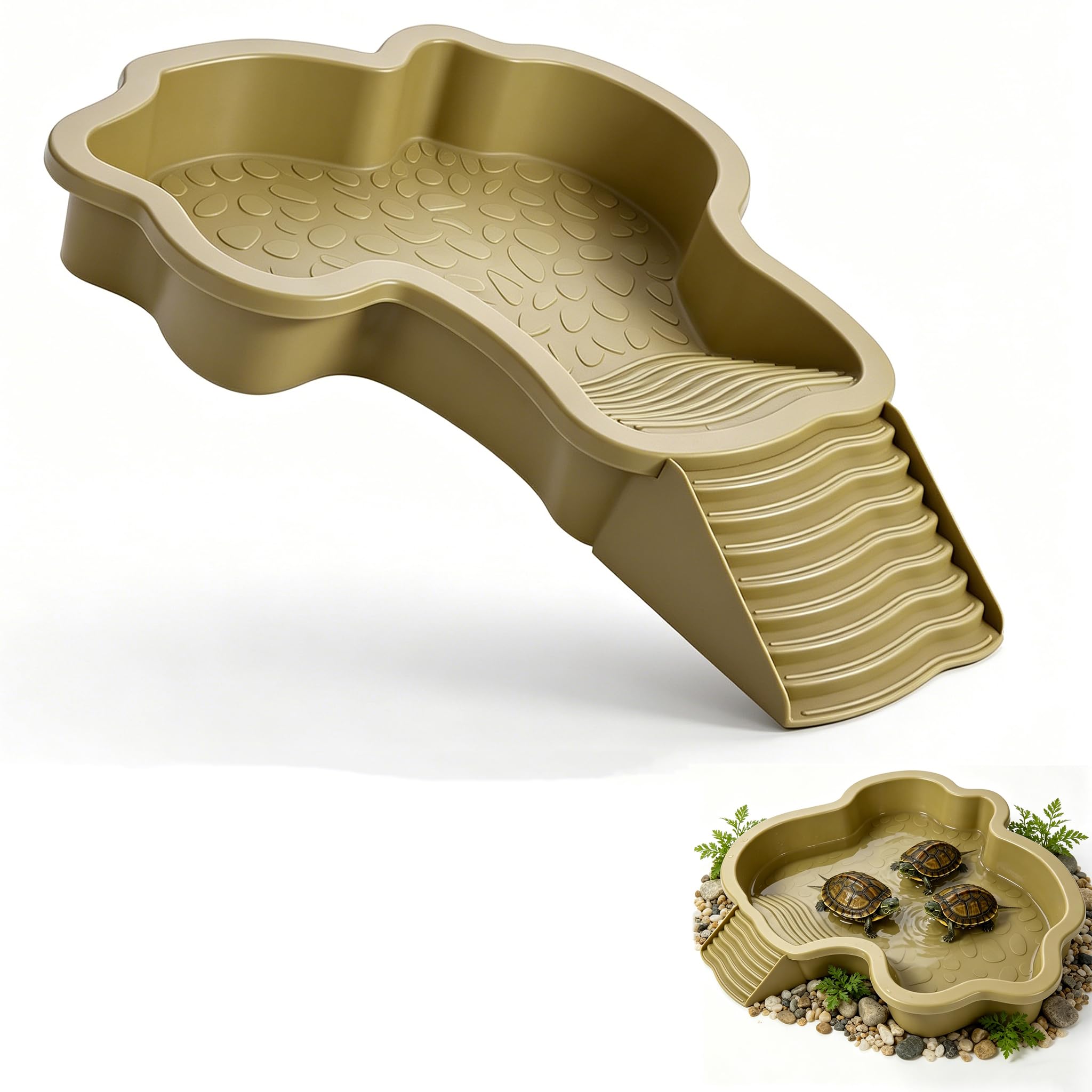 Tortoise Bath Dish with Anti-Slip Ramp, Shallow Water Bowl for Small & Medium Tortoises, Non-Tip Reptile Feeding Dish for Tortoise Enclosure, Vivarium Habitat Accessories