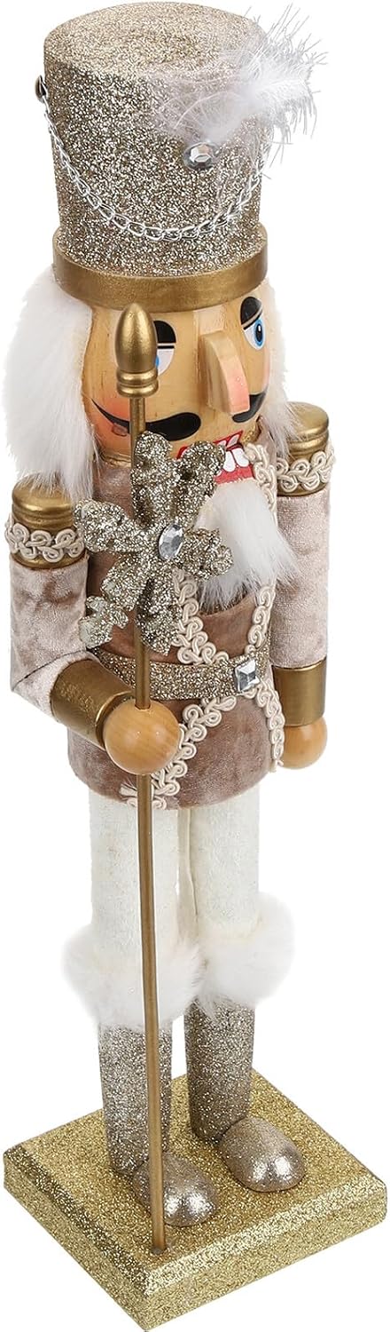 Wooden Nutcracker Figurine 38cm Tall Christmas Nutcracker Figure with Gold Snowflake Royal Style Indoor Xmas Decoration for Holiday Home Display