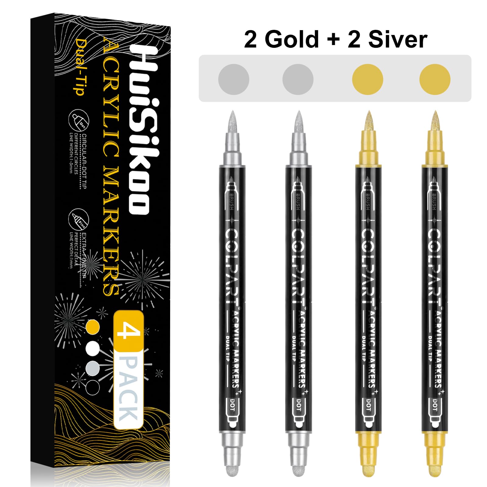 Rotuladores de pintura acrílica de doble punta, paquete de 4 bolígrafos de pintura negra para madera, lienzo, piedra, pintura de roca, vidrio, suministros de arte de bricolaje (negro/blanco)
