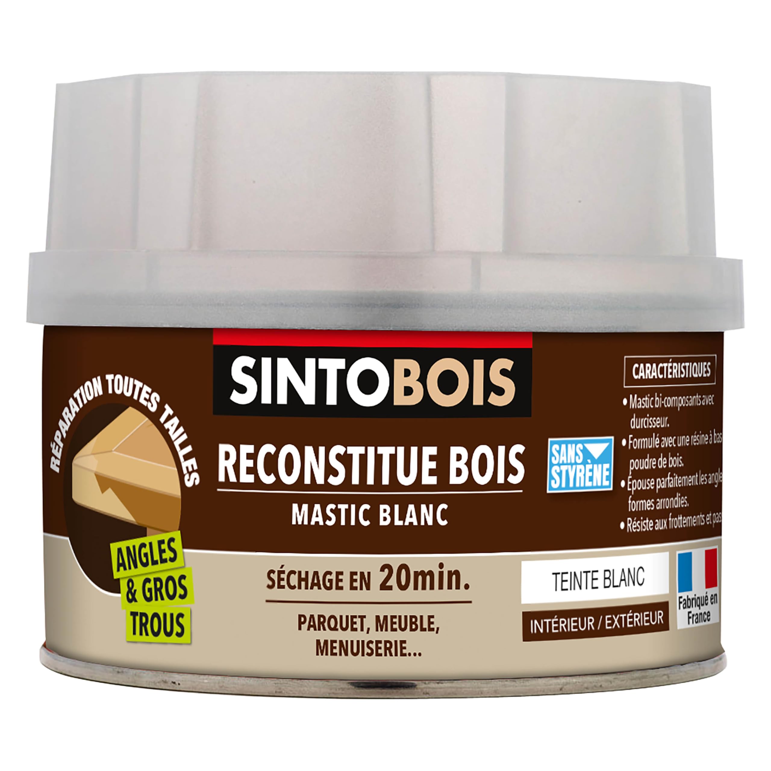 SINTO - Pâte à Bois - Angles et Gros Trous - Reconstitue les Parties Manquantes - Intérieur Extérieur - Haute Résistance & Adhérence - Sec en 20min - Blanc - Technique Professionnelle - 190g