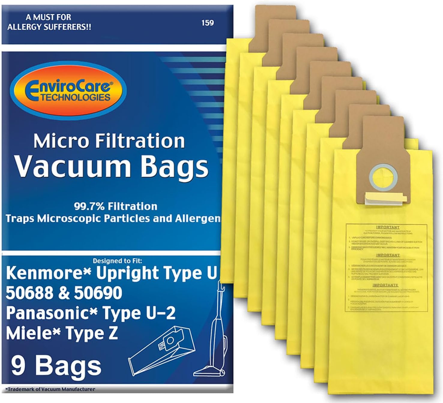 EnviroCare Replacement Vacuum Bags for Kenmore Upright Type U/L/O 50688 and 50690, Panasonic Type U-2, Miele Type Z. 9 Pack