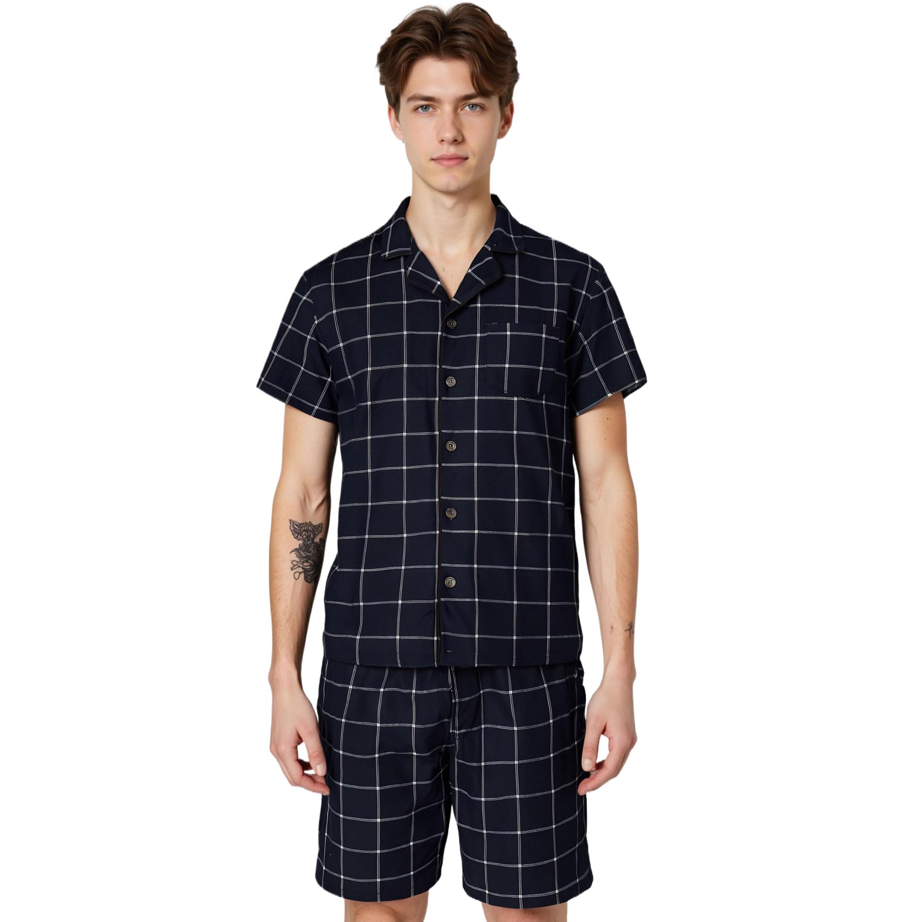 LANBAOSI Mens Pajamas Set Short Sleeve Button Down Shirts Shorts Plaid PJ Set Soft Lounge Set Sleepwear