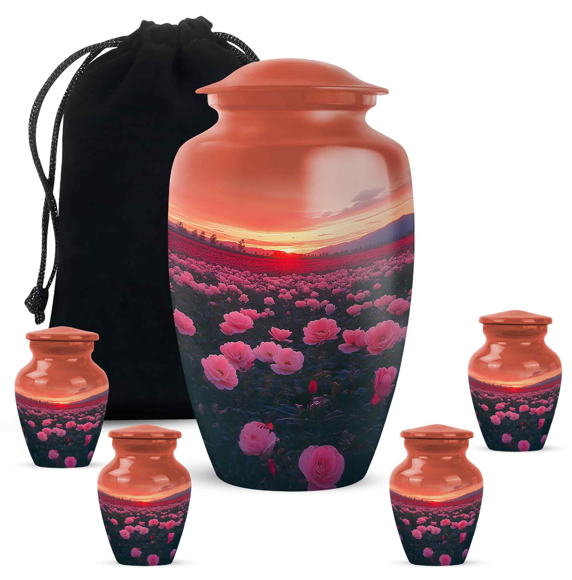 YATHABHISA Rose Cremation Urns for Ashes, Keepsake Memorial Gift for Brother & Sister, Burial Urn Humming Bird for Adult Human Ash, Brown, Combo (10 Inch & 3 Inch Mini Set of 4)