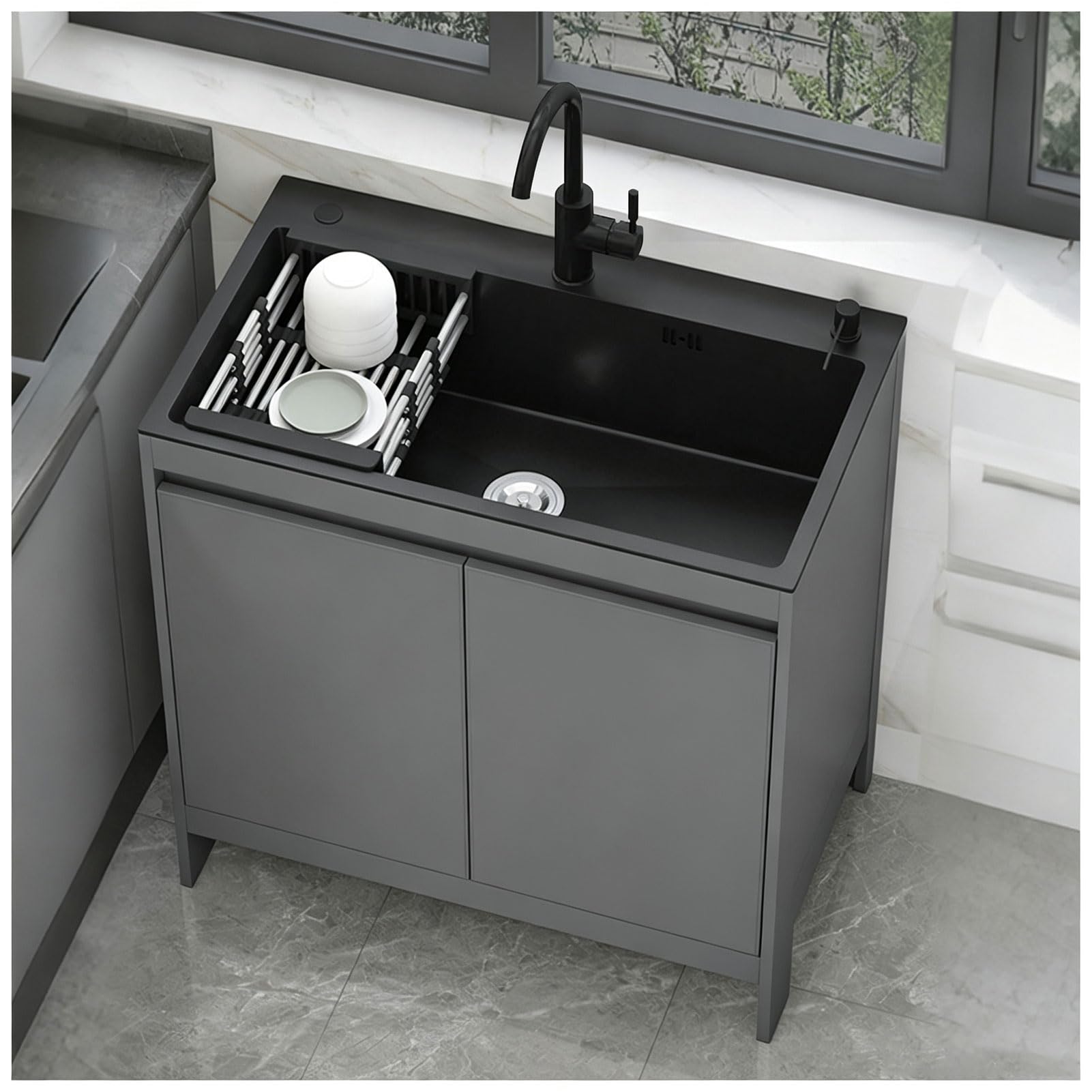 Mobile Lavello Esterno in Acciaio Inox con Ripostiglio Integrato, Lavello Utility Commerciale ad Alta Resistenza con Griglia Estraibile, per Cucina, Lavanderia e Garage