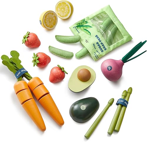 Tiny Land Juego de verduras y frutas de madera orgánica, 7 piezas de comida de simulación para niños, juguete de cocina Montessori para niños