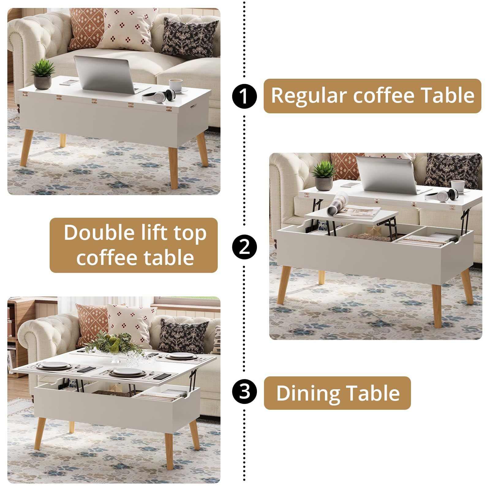 VOWNER Mesa Centro Elevable, 3 en 1 Mesa de Salón Multifuncional, Extensible, Convertible de Comedor de Salón, 100L x 100W x 72H cm, Blanca