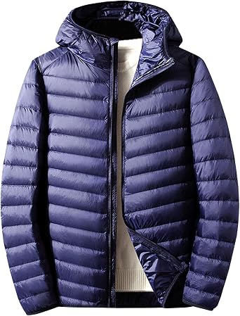 Mens Hooded Down Jacket Lightweight Casual Hooded Padded Puffer Coat Quilted Skinny Winter Warm Down Outwear