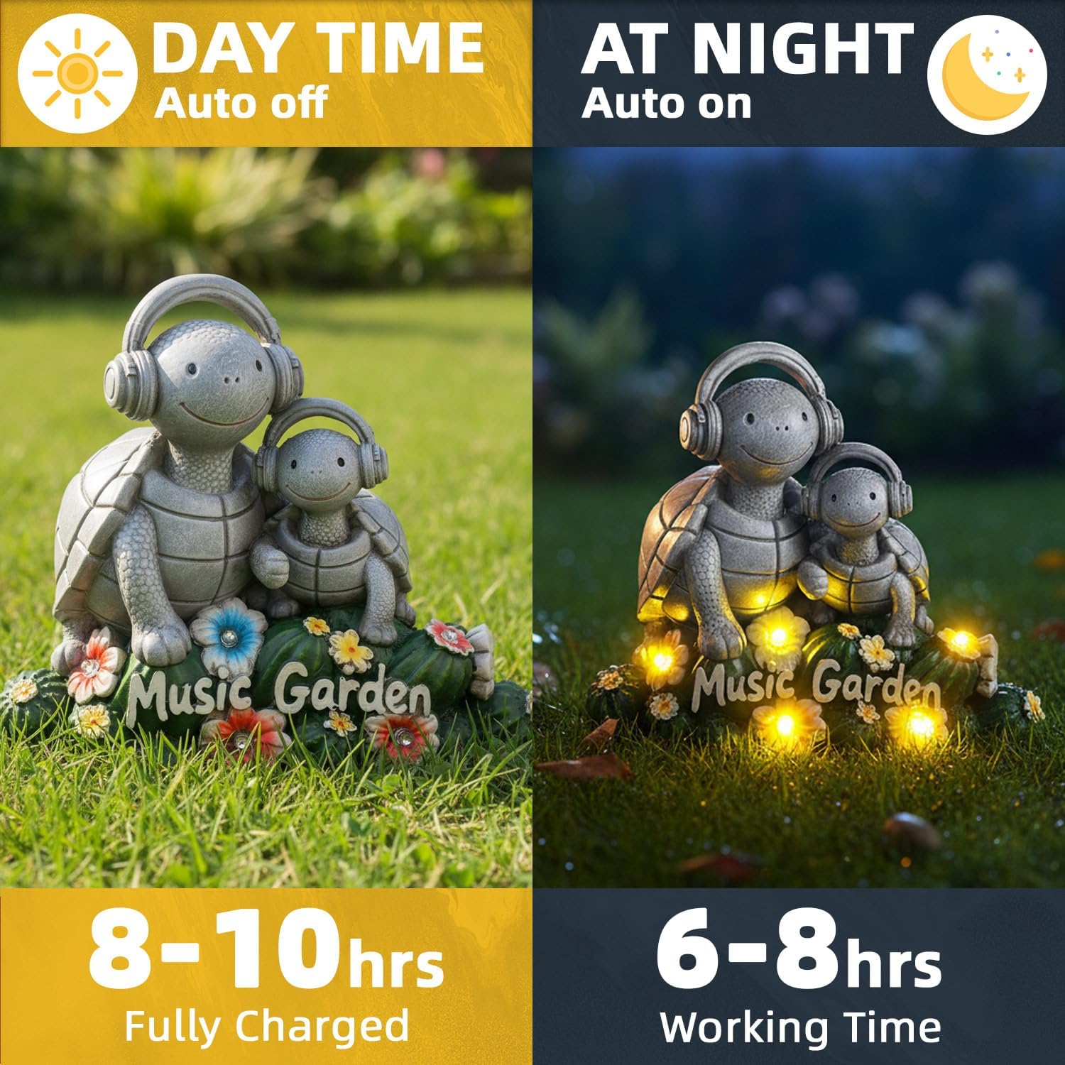Solar Garden Turtle Statue 5.9"with Headphones,Solar Statue with 5 LED Lights,Anti-Fade Stone Texture Turtle Gifts for Women Men Mom Dad,Unique Resin Lawn Ornaments for Patio Yard Lawn Balcony