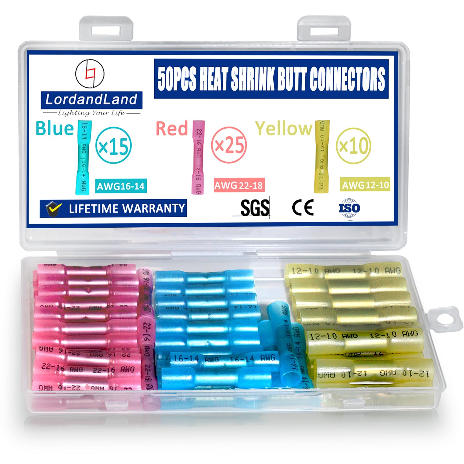 50 Pcs Heat Shrink Butt Connectors Kit,Heat Shrink Wire Connectors,Waterproof Insulated Marine Automotive Crimp Terminals Butt Splice for Marine Automotive Motorcycle Truck Electrical