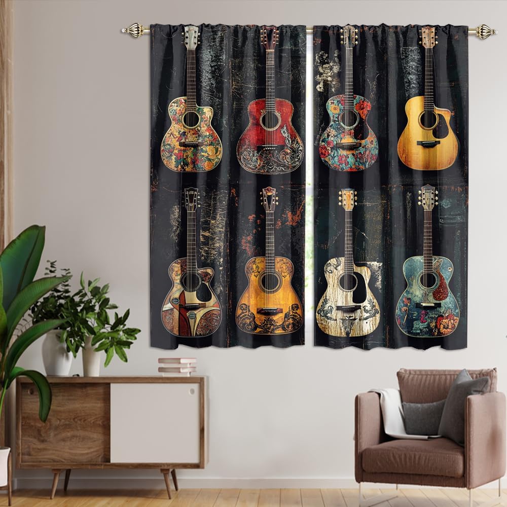 Abstract Aesthetic Music Guitar Blackout Curtains Rustic 70s Watercolor Bohemian Instrumental Guitar Prints Soft Blackout Curtains for Bedroom Living Room 2 Panels 45" L x 21" W