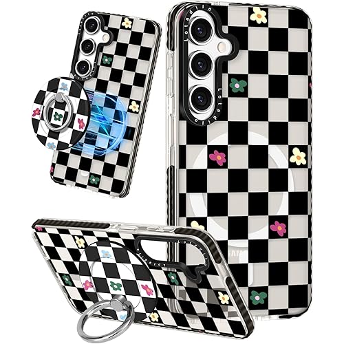 Cute Case for Samsung Galaxy S25 for Women Girls - Funny Plaid Flower Design Compatible with Magsafe Magnetic Ring Holder Kickstand Fashion TPU Phone Covers