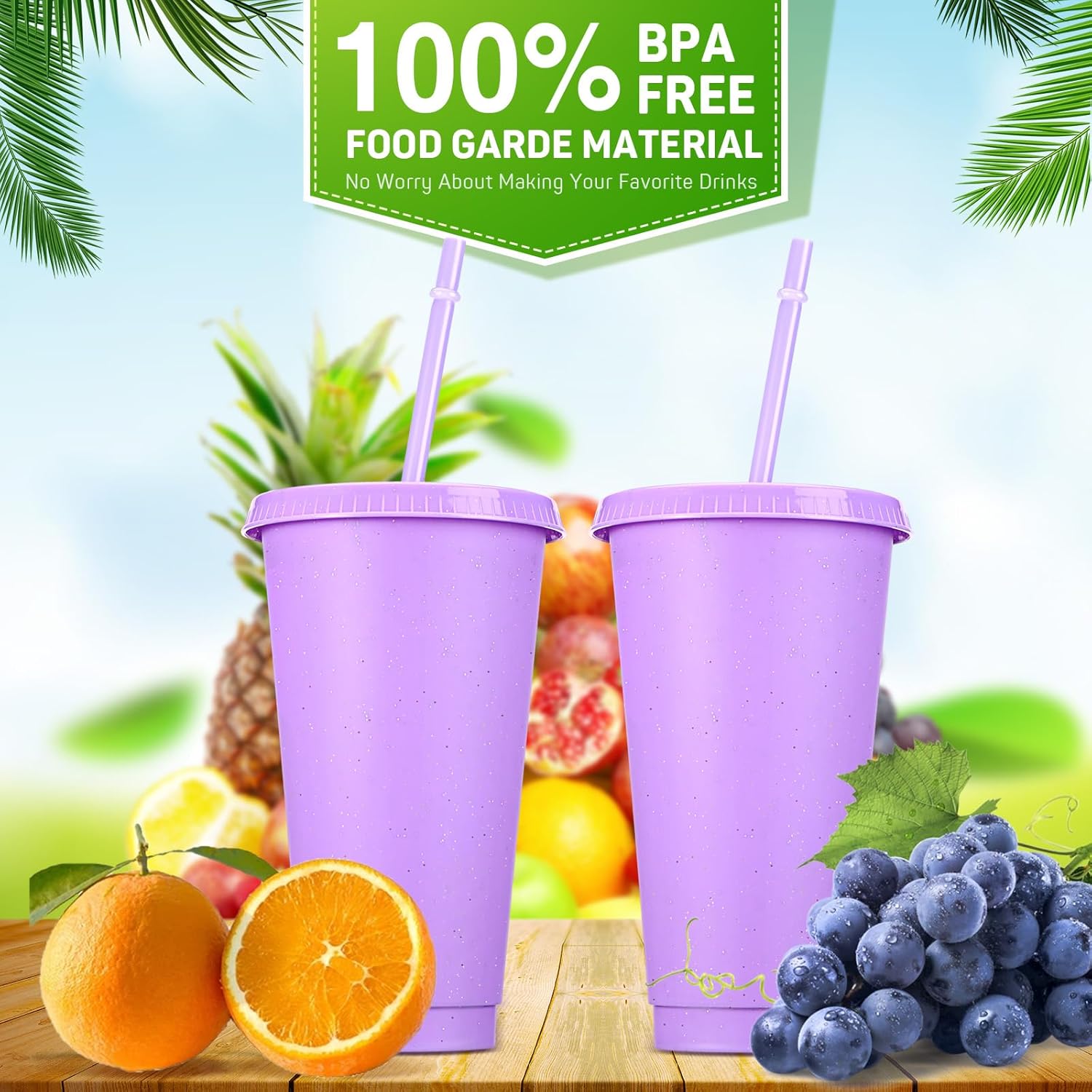 Roshtia 24 Pack Plastic Tumblers with Lid and Straw Reusable Cups Bulk Water Bottles Iced Coffee Travel Mug Cup for Birthdays Party Juices Adults Kids (Purple,24 oz) - Image 3