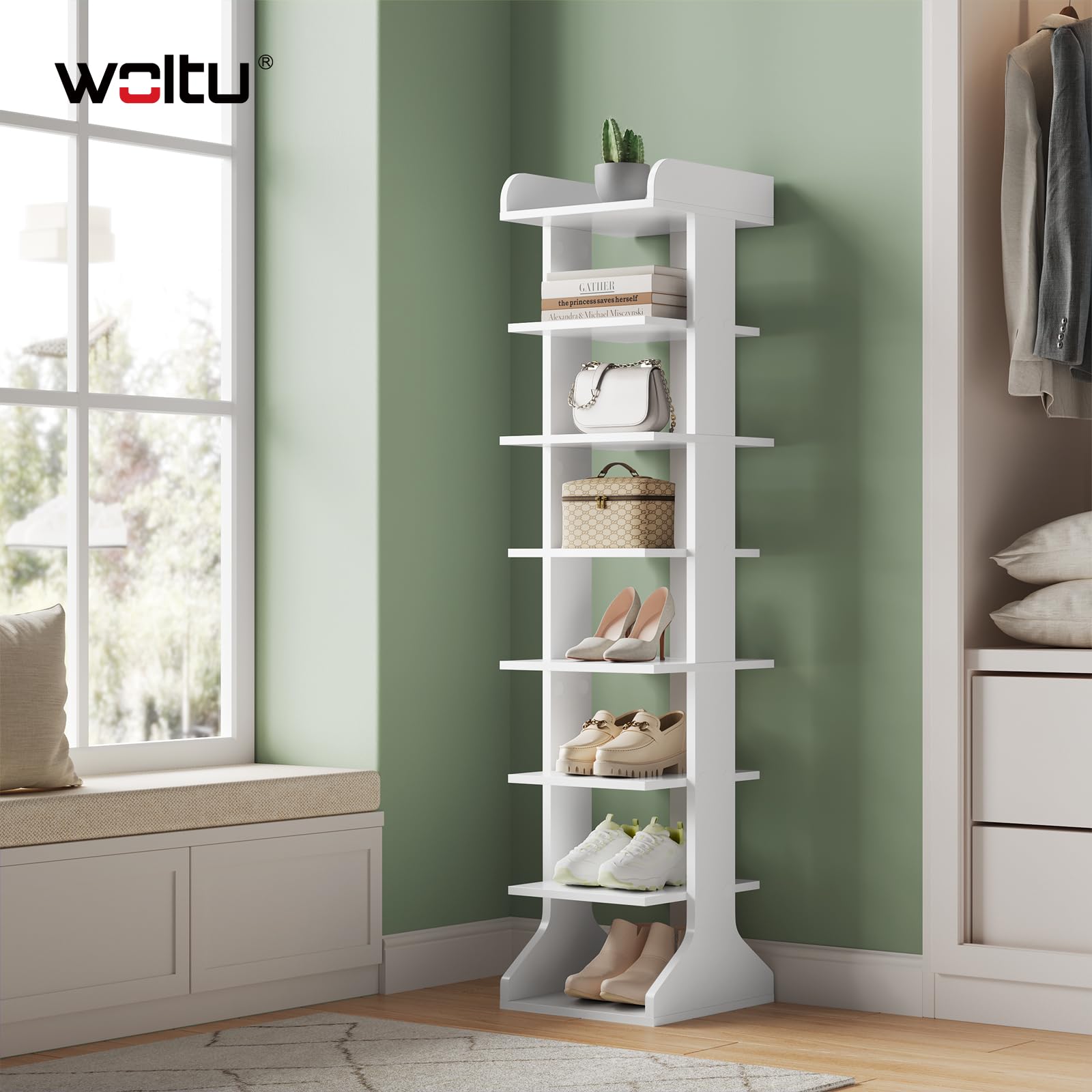 WOLTU Zapatero Estrecho y Alto, Estantería Vertical para Zapatos, Mueble Zapatero de 8 Niveles, para Pasillo, Salon, Entrada y Rincón, 27,5x30x121 cm, Blanco