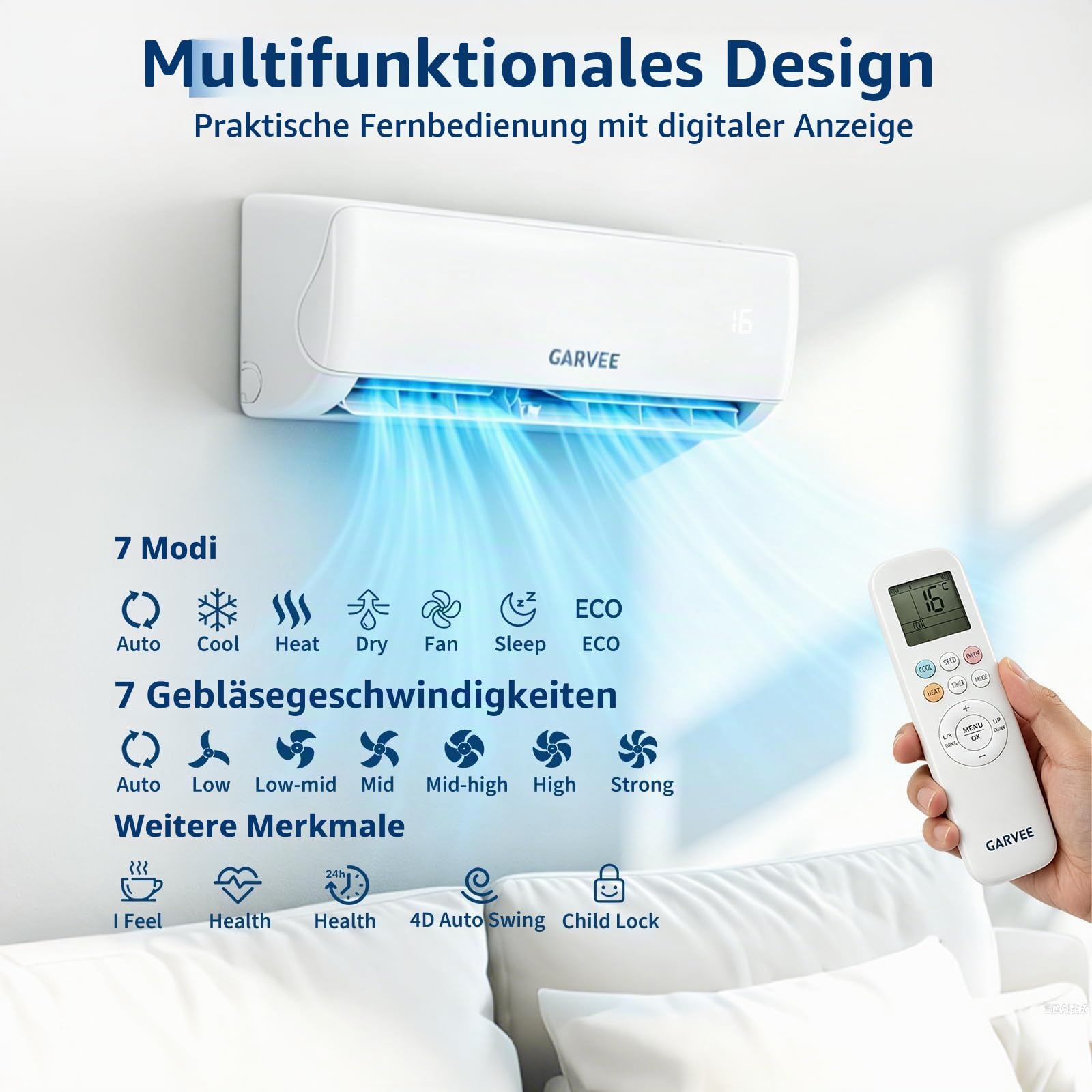 Fest installierte Split-Klimaanlage, 24kBTU,107m2,HKE,19dB, weiß