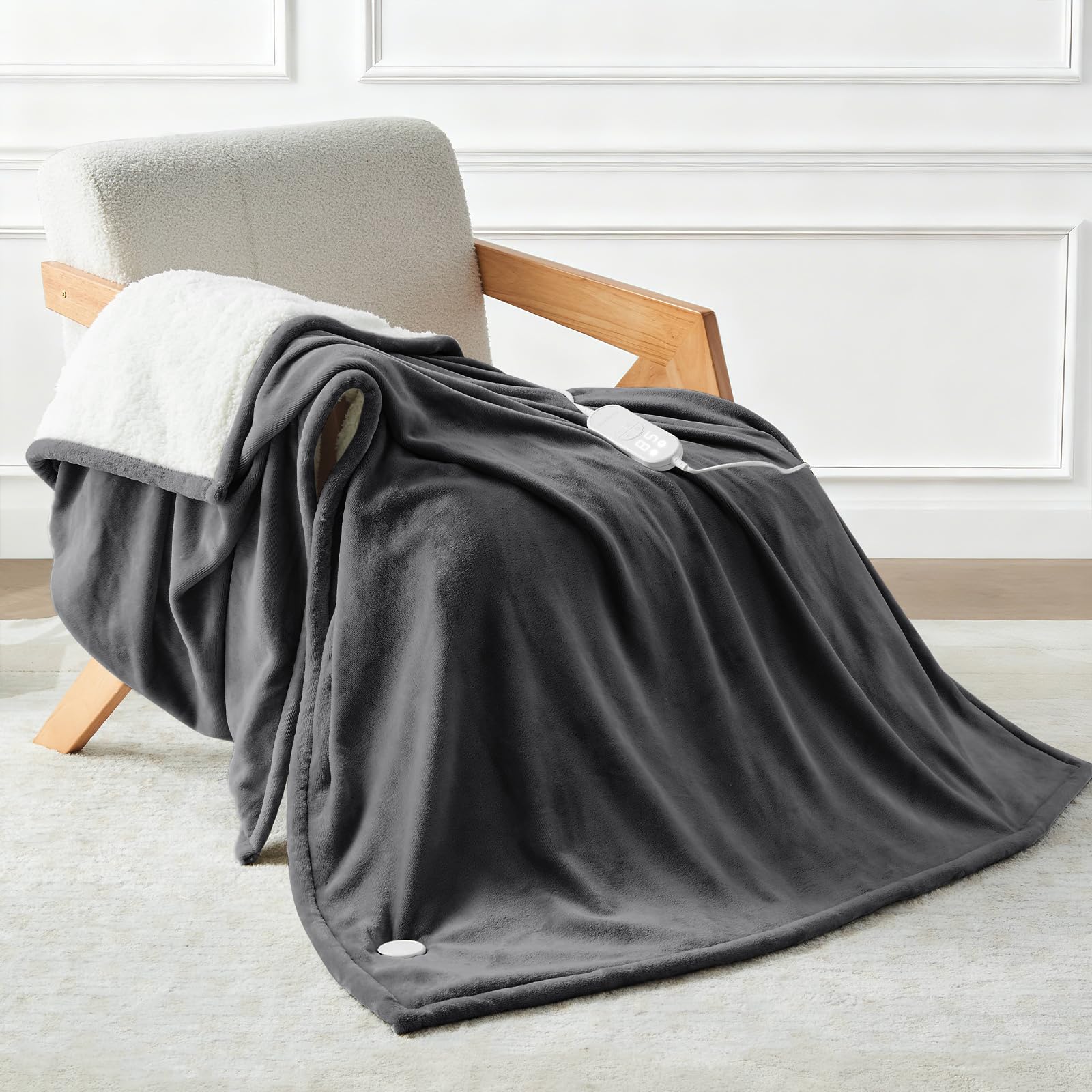 CELESTA Wärmedecke Heizdecke mit Abschaltautomatik, Heizdecke 160x120, 9 Heizstufen 1-9H Timer Auto-Aus, Wärme Decke Flanell-Sherpa, Maschinenwaschbar - für Sofa, Bett und Büro, Dunkelgrau