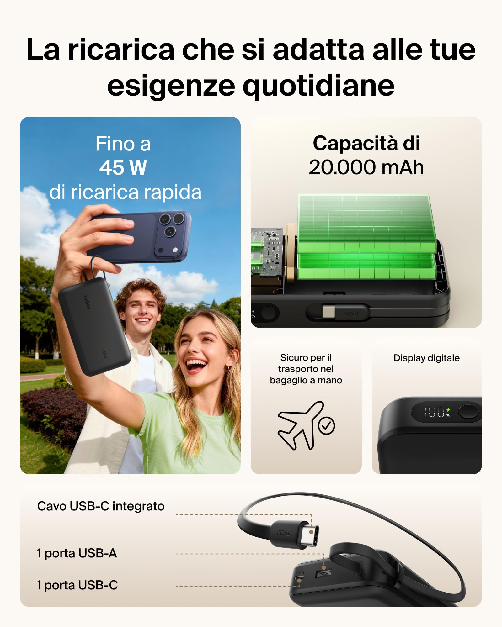 Belkin UltraCharge Power Bank 20000mAh con Cavo USB-C e Display - Nero | Caricatore Portatile 20000mAh, Ricarica 3 dispositivi (1 USB-C, Cavo USB-C Integrato, 1 USB-A), 45W, Pre-Caricato, Display