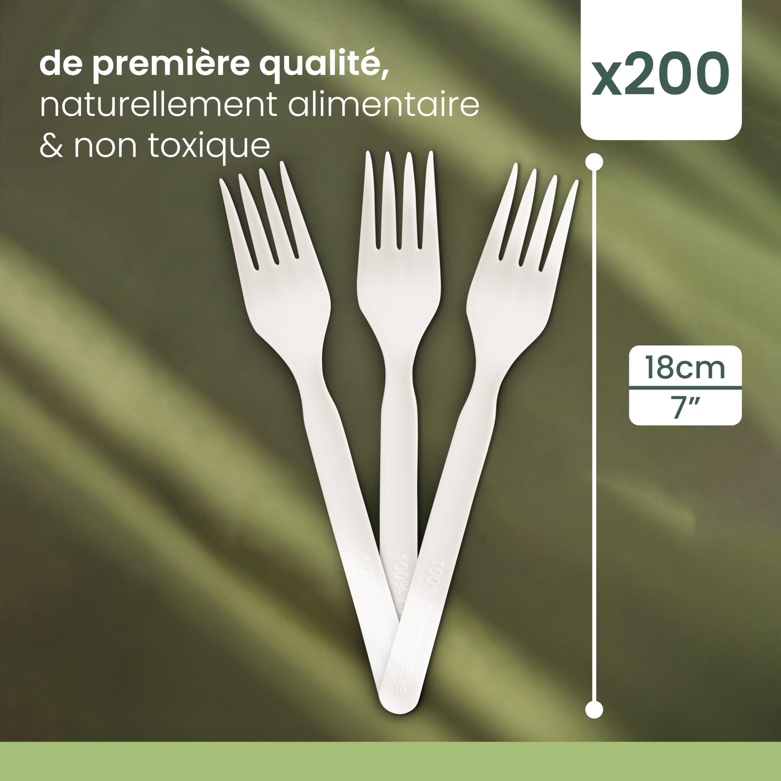 HAAGO 200 Fourchettes Réutilisables en PLA Blanc 18 cm / 7" – 100% Naturel, Lavables, Compostables, Solides – Pour Repas, Fêtes, BBQ, Buffet, Traiteur