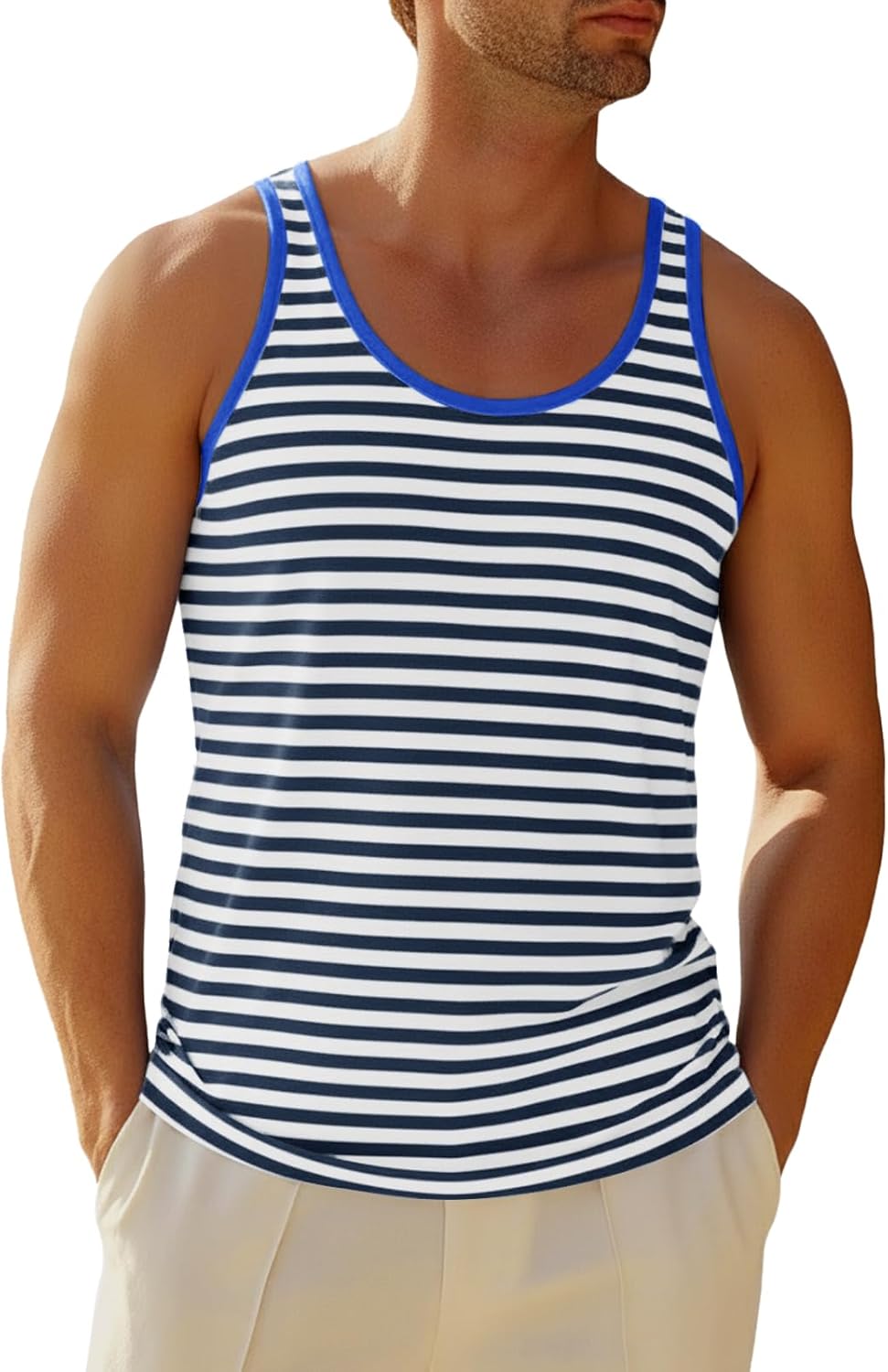 Runcati Mens Workout Tank Tops Casual Striped Sleeveless Muscle Shirts Cotton Gym Stretch Tee Shirt