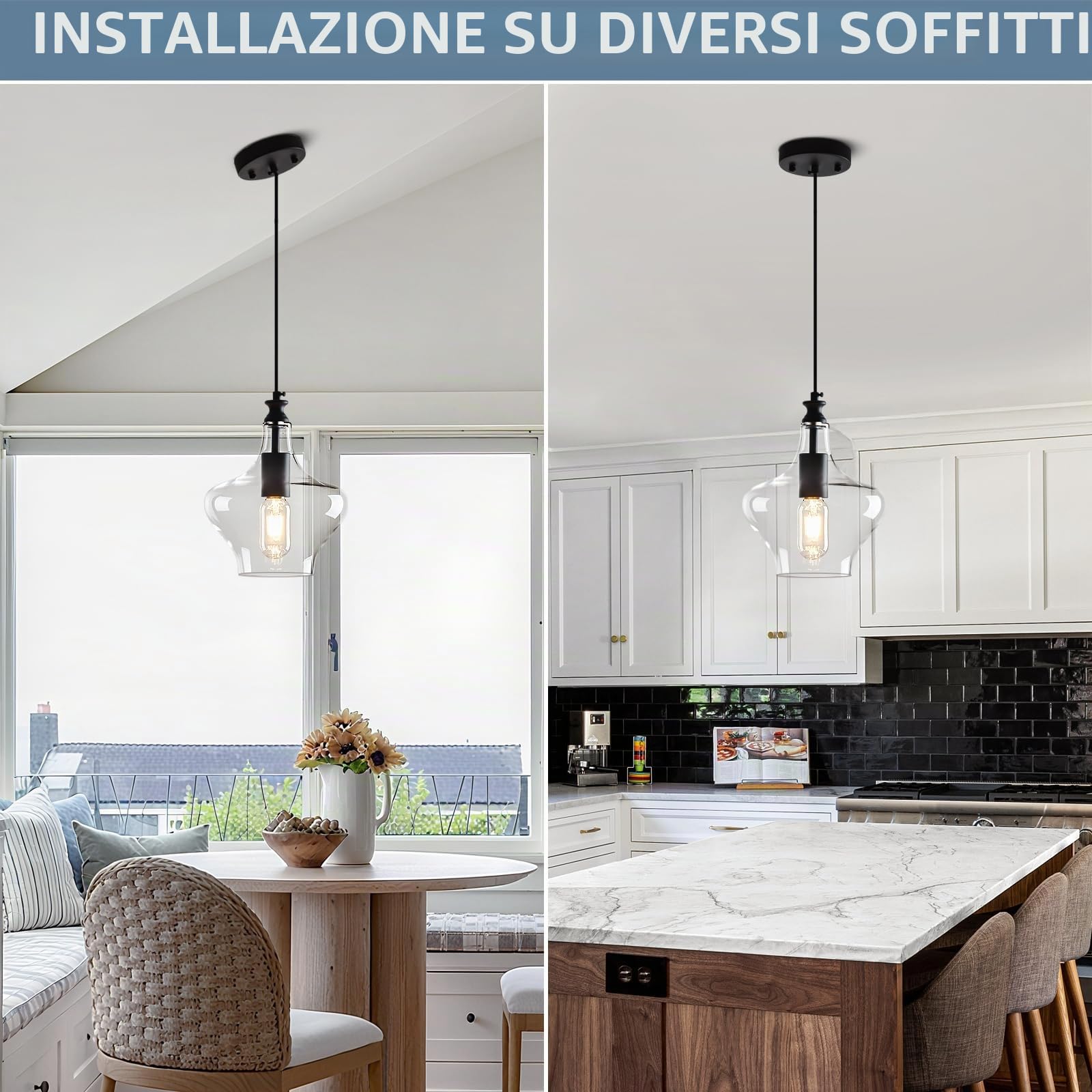 Lampada a sospensione in vetro E26 in vetro trasparente ombra nero Isola di fattoria lampada sospensione per cucina illuminazione a sospensione sopra lavandino camera da letto sala da pranzo (nero-B)