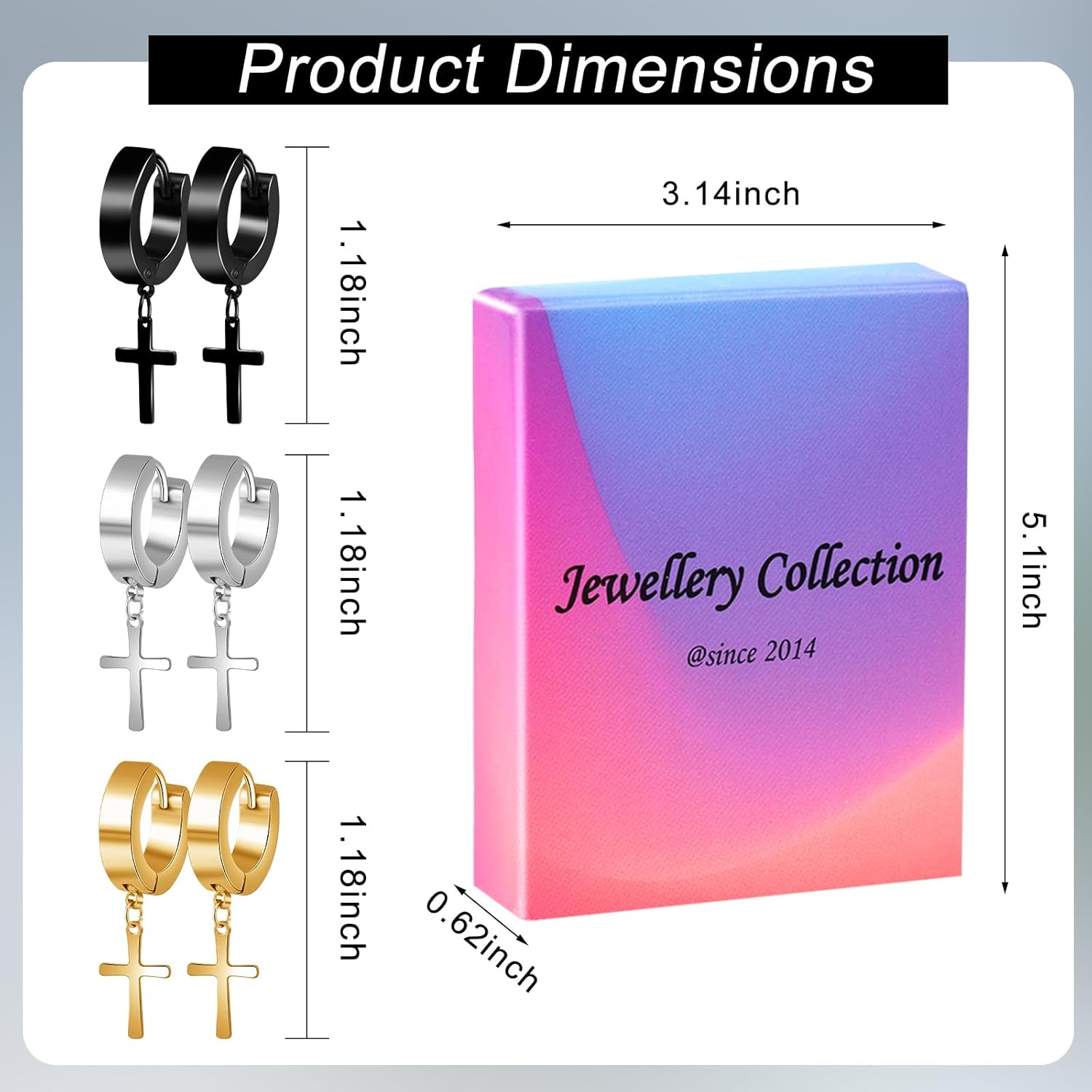 ONESING 21 Pairs Stainless Steel Earrings for Men Inlaid Cross Dangle Hinged Earrings Hoop CZ Stud Hypoallergenic Earrings Huggie Earrings Set for Women Men Ear Piercing Jewelry Black Steel Gold - Image 3