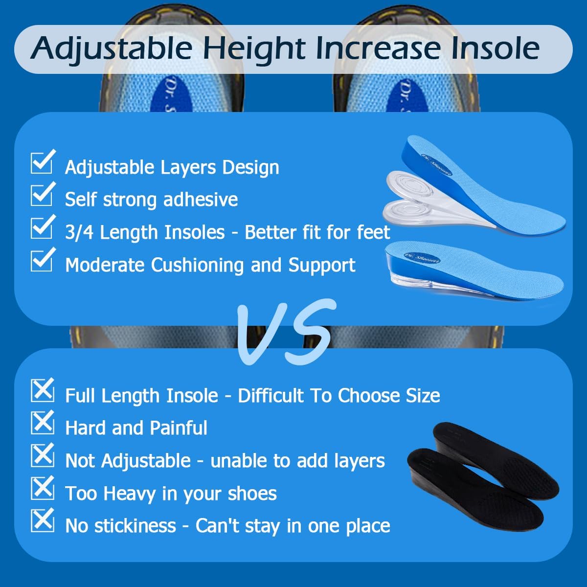 Dr. Shoesert 3-Layer Adjustable Height Increase Insoles, 3/4 Length Shock Absorption Cushion Heel Lift Inserts - Image 6