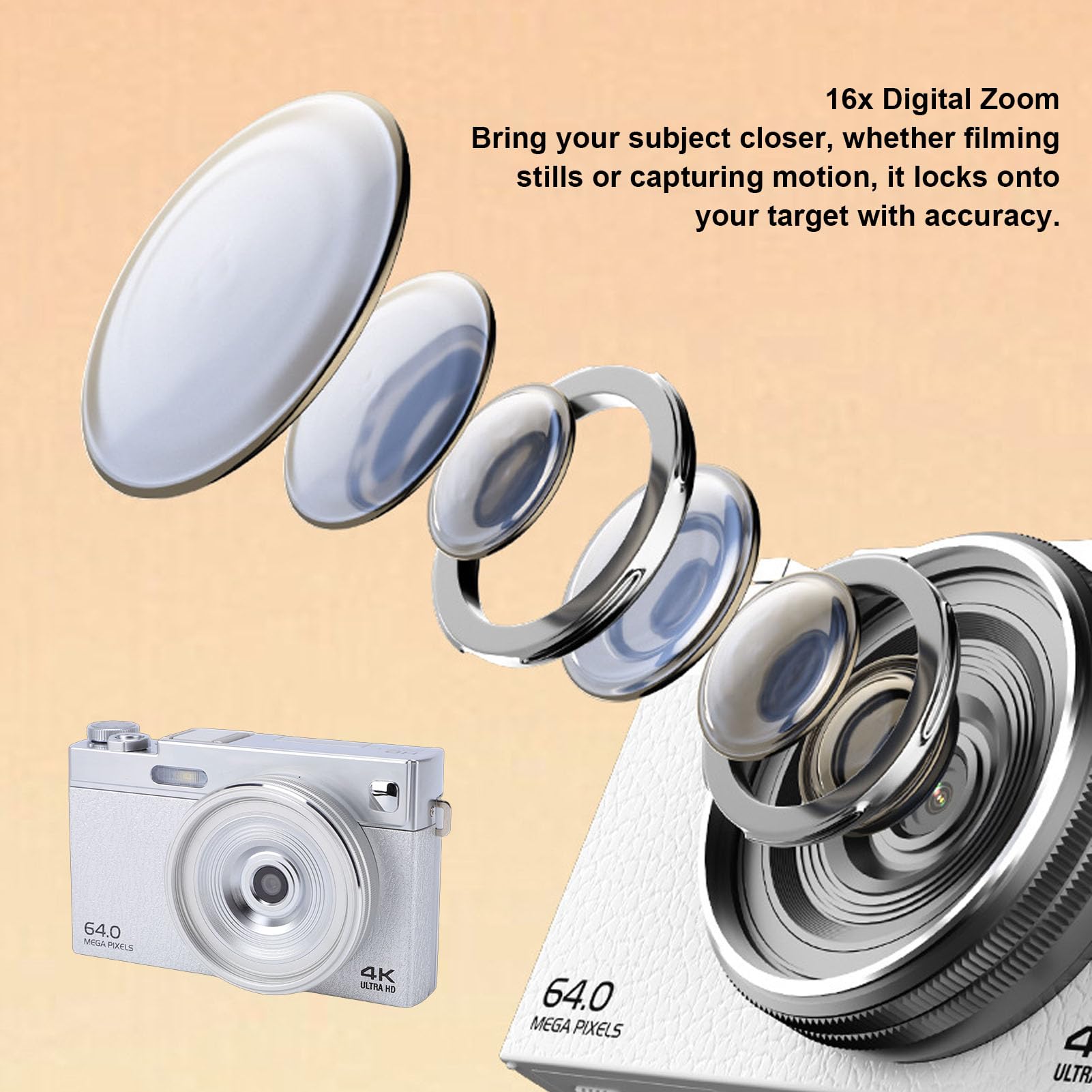 Annadue Videocamera Digitale 4K per Fotografia, Fotocamera Mirrorless per Vlogging da 64 MP con Schermo Ribaltabile da 3 Pollici, Zoom Digitale 6X, Messa a Fuoco Automatica, (SILVER)