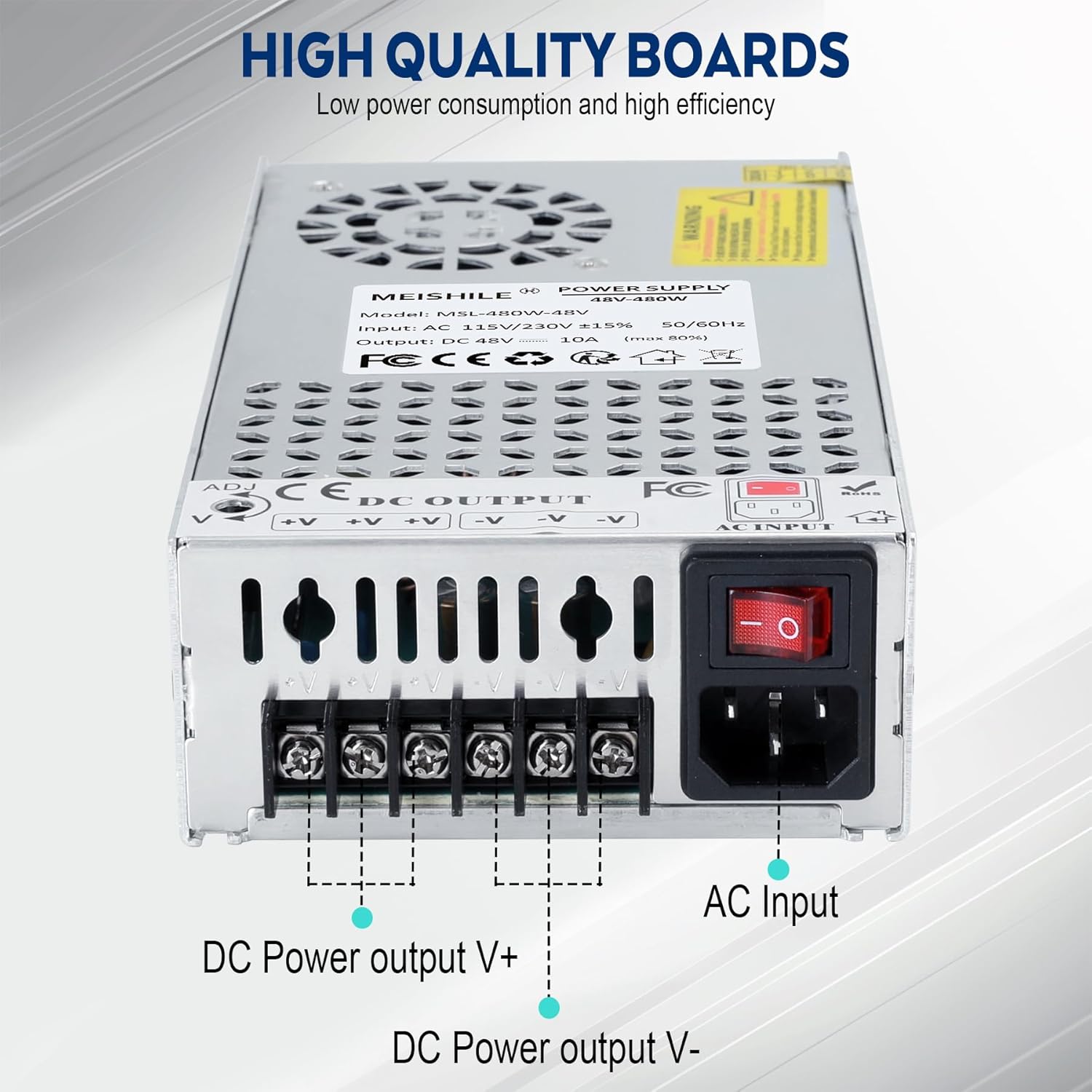 48V 10A 480W Switching Power Supply Adapter AC to DC Transformer Converter for LED Driver Strip Light Lamp, Amplifier, Machine, 120V 110V to 48Volt 5A 10A