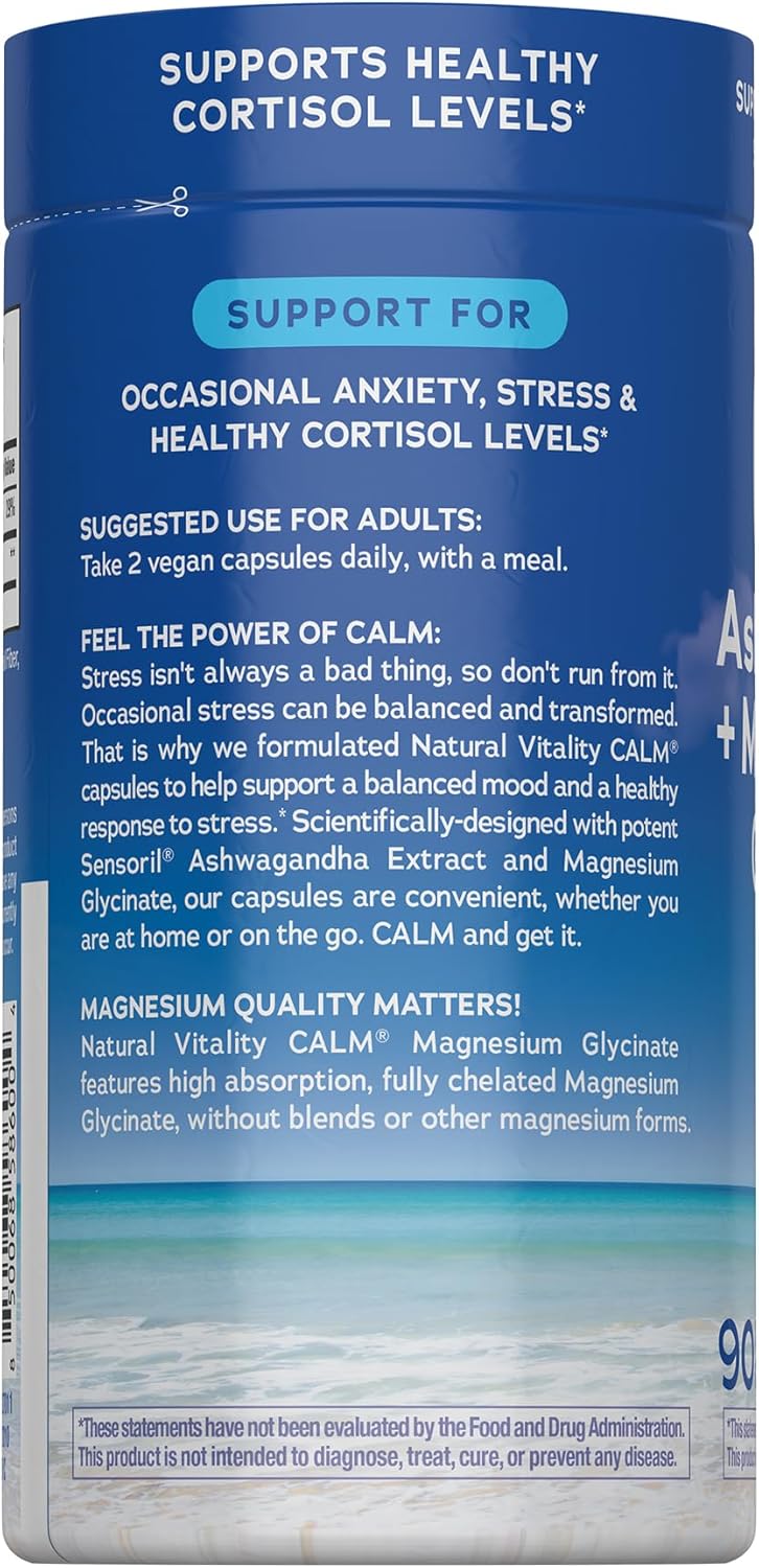 Natural Vitality Calm Ashwagandha + Magnesium Glycinate Capsules | Support for Occasional Stress & Anxiety | Gluten Free Supplement | 90 Count