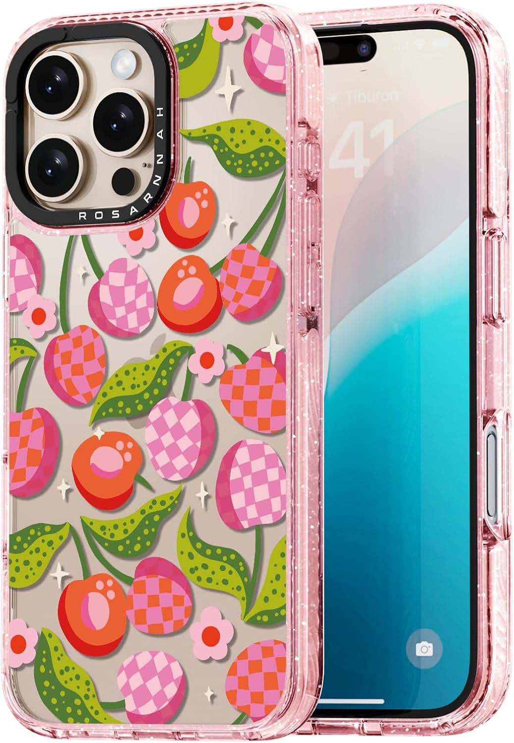 Rosarnnah for iPhone 16 Pro MaxCase Cute - Durable Shockproof 6.6 ft Drop Impact Phone Case - Funny Plaid Cherry Design (6.9") Glitter Pink
