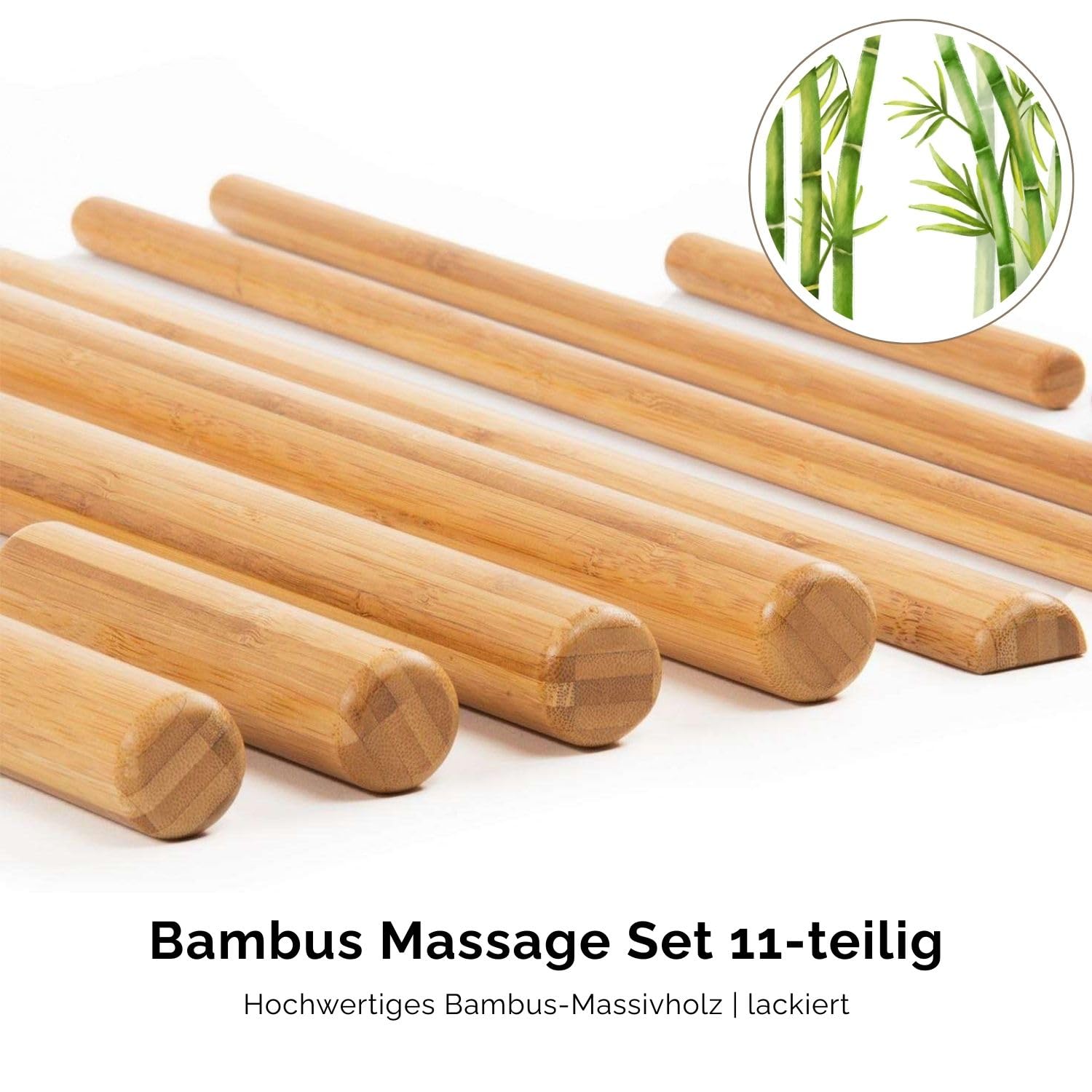 WellTouch Bâtons de massage en bambou, jeu de 11 pièces, pour la thérapie de massage aux bambous, soulage les tensions musculaires