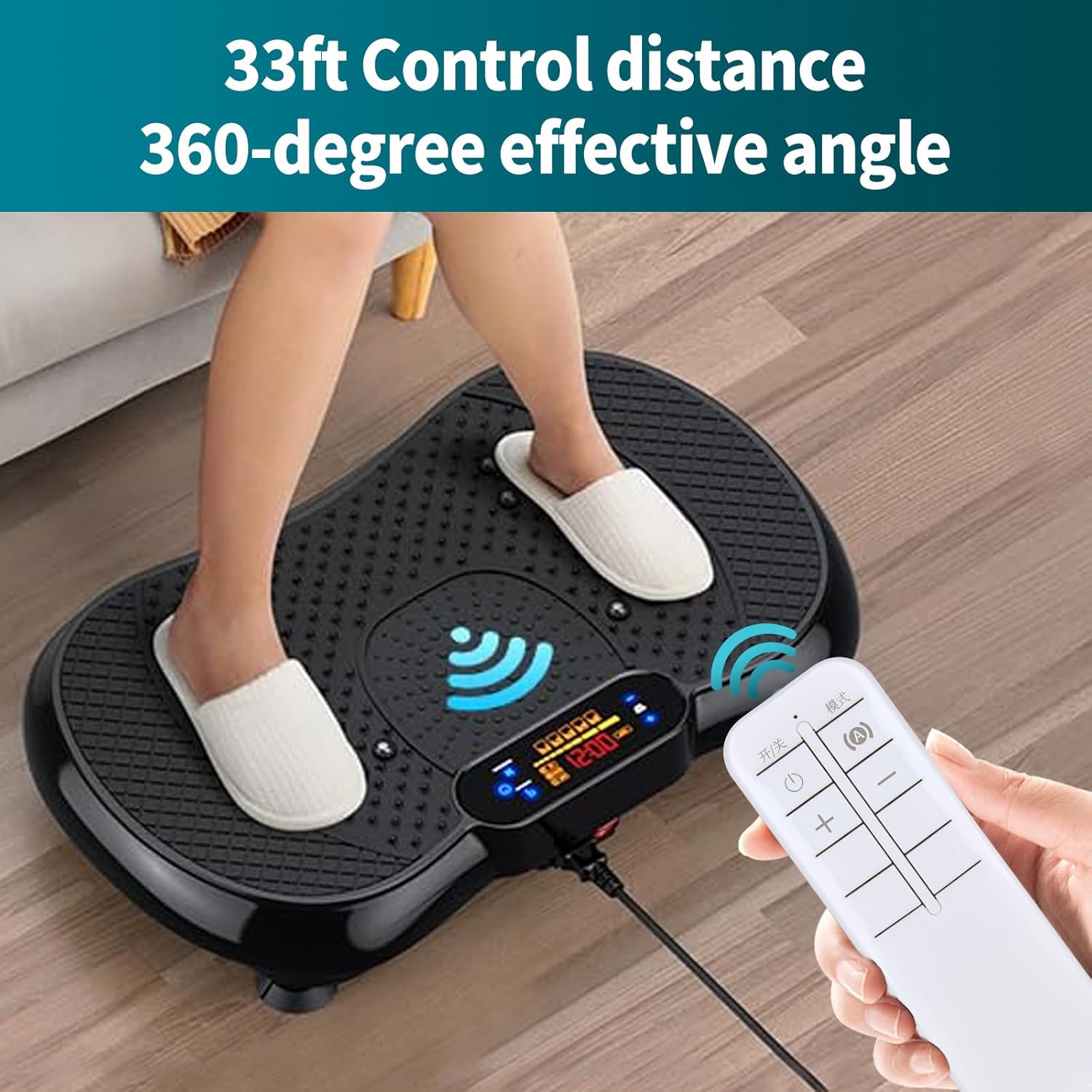 Person using the remote control to operate a vibration plate, illustrating the 33ft control distance and 360-degree effective angle.