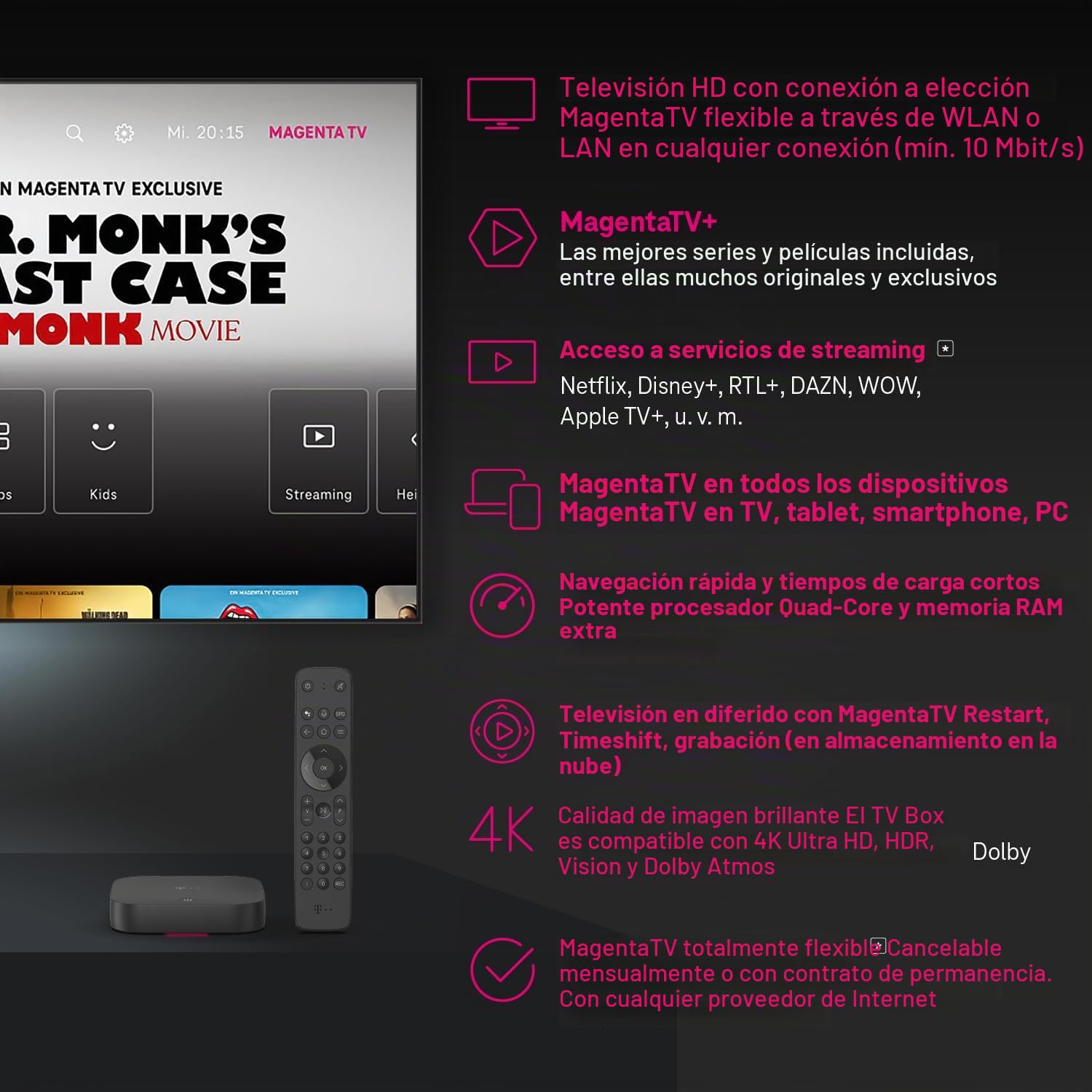 MagentaTV One Box Android TV con Wi-Fi y LAN I MagentaTV con 75+ Estaciones HD, 4K UHD, HDR, en Vivo y retrasado | Servicios de Streaming (Netflix, Disney+, RTL+, DAZN, Sky Ticket, Apple TV+) y App