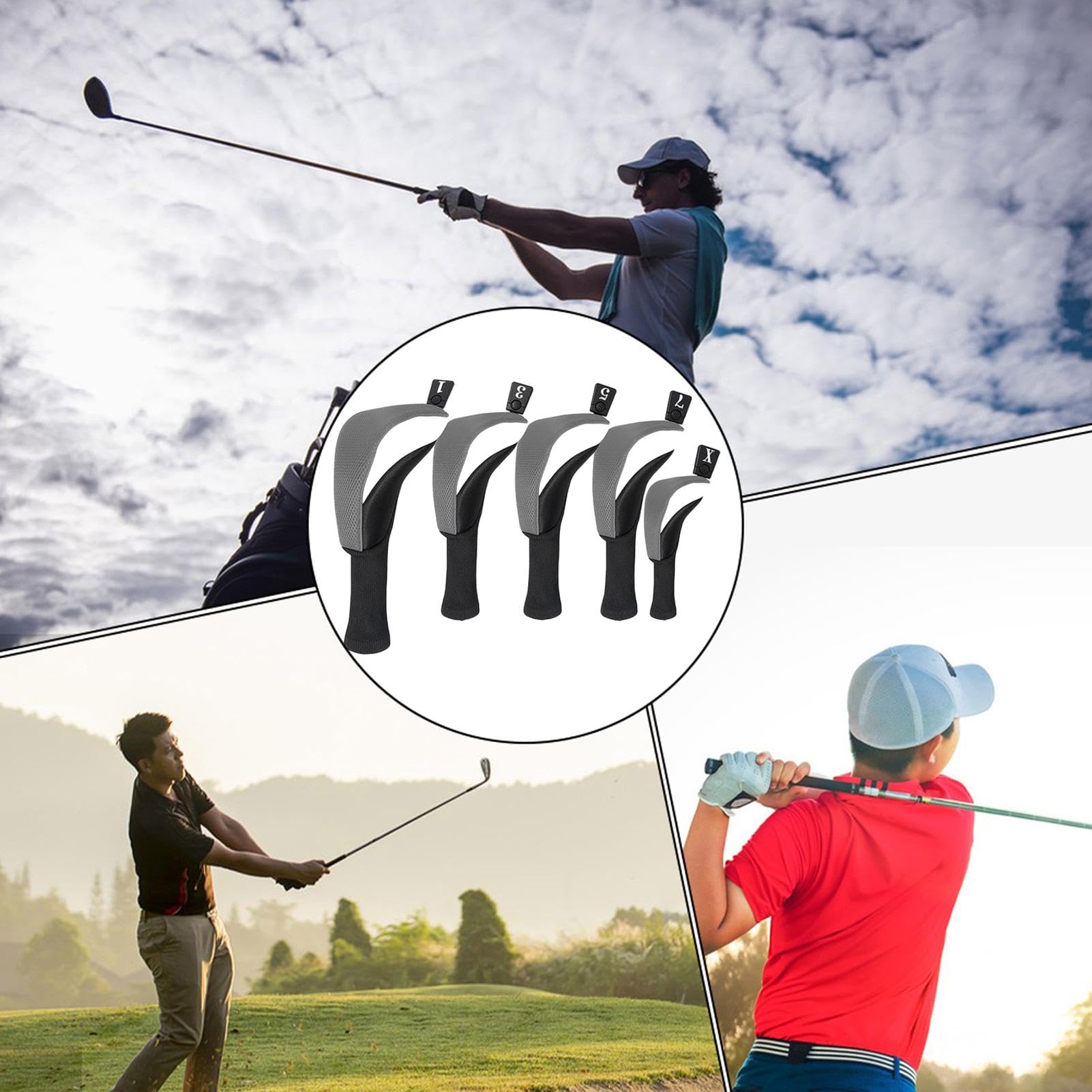 Set copritesta da golf, copritesta per mazze da golf in legno, Coprimazze protettive Collo lungo Antipolvere Copricapo ibrido da golf da 5 pezzi, Copricapo ibrido in legno con etichette numeriche Copr