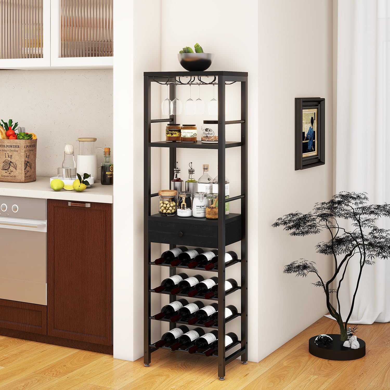 IBUYKE Wine Rack Freestanding Floor, Bar Cabinet for Liquor and Glasses,Coffee Bar Cabinet 4-Tier Wood bar Cabinet,Glass Holder and Storage Drawer for Home Bar Kitchen Living Room,Black UTMJ905B