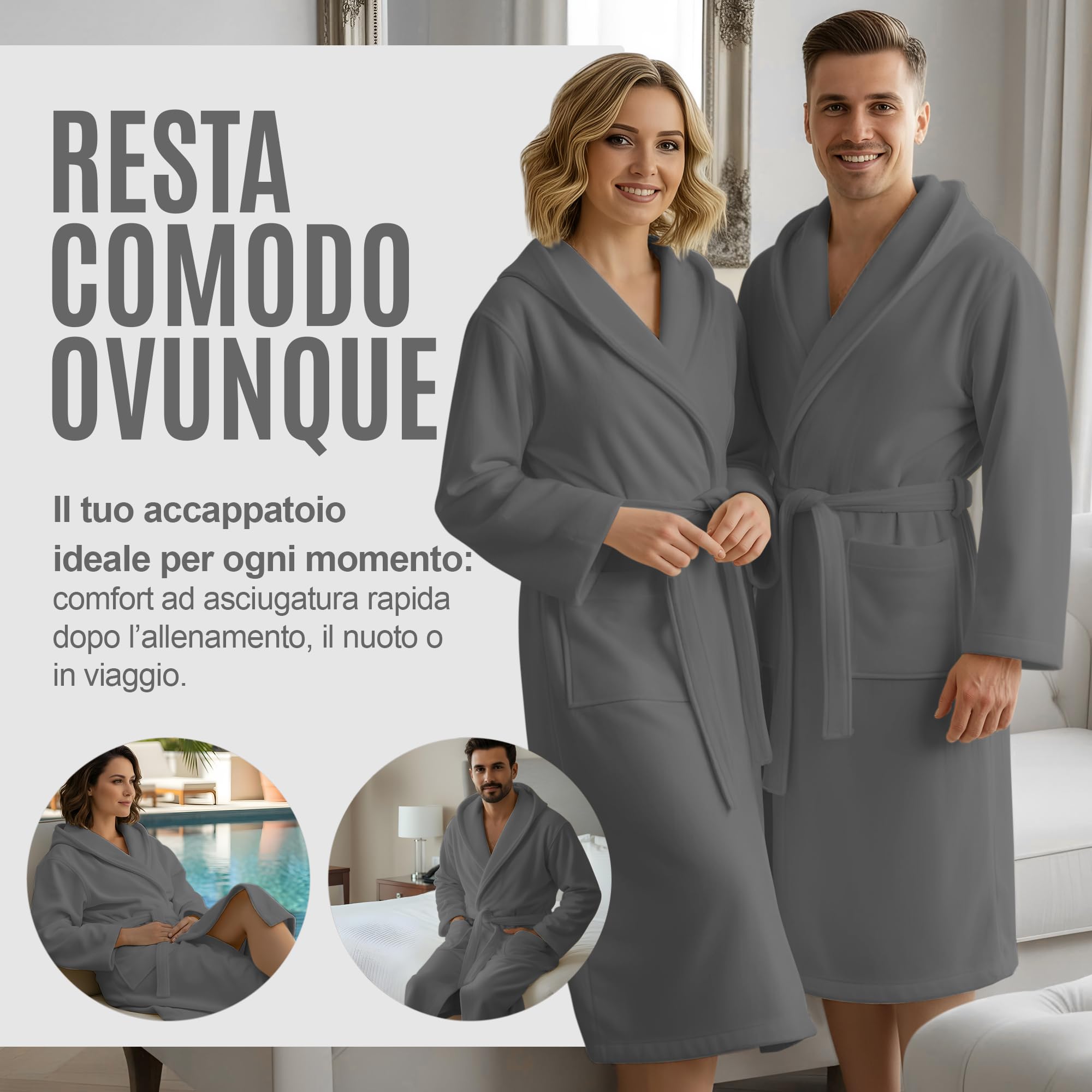 NARCISO - Accappatoio Uomo Donna Microfibra Economico con Tasche Cappuccio e Cintura, Ideale per Casa, Viaggio, Palestra, Tessuto Morbido e Comodo, Taglie dalla S alla XXL