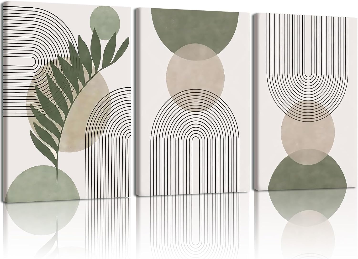 NCCXNCC 3Pcs Modern Geometric Canvas Wall Art Bohemian Style Green Abstract Wall Decor Art Minimalist Line Leaf Posters Print Suitable for Living Room Bedroom and Office Decoration 12x16 Inch Framed