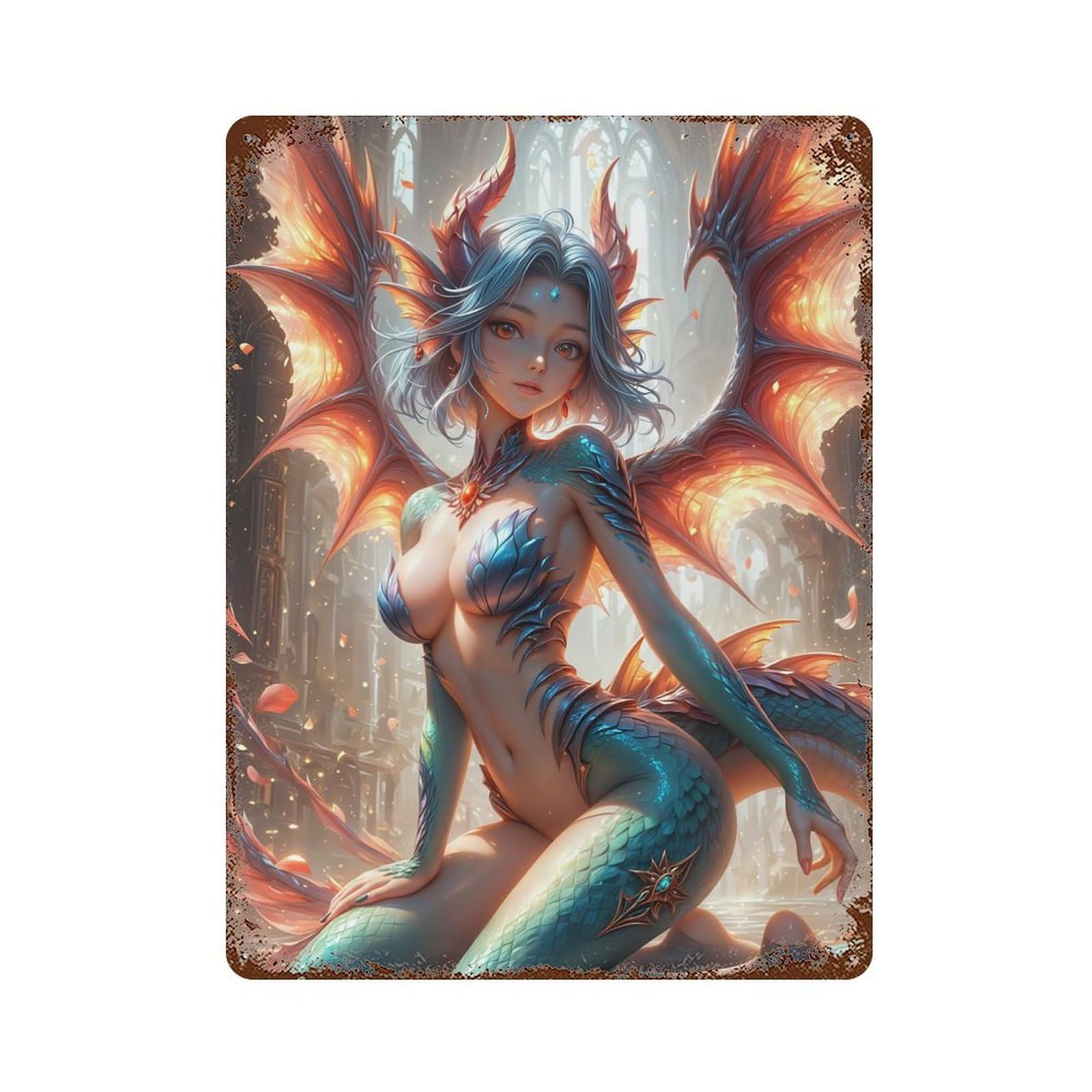 Fantasy Dragon Girl Weathered Tin Sign 15.7"x11.8", for Basement, Hobby Room And Garage Decor, Rustic Home Decor